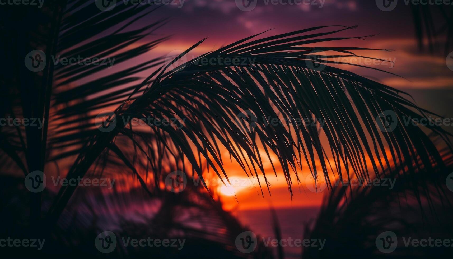 Silhouette of palm tree back lit by sunset over tranquil seascape generated by AI photo