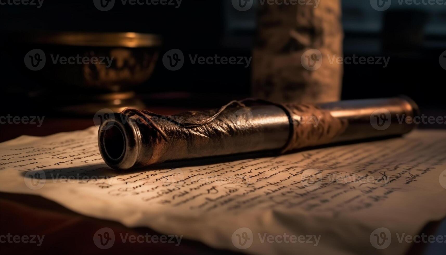 Antique manuscript with calligraphy and quill pen on parchment paper generated by AI photo