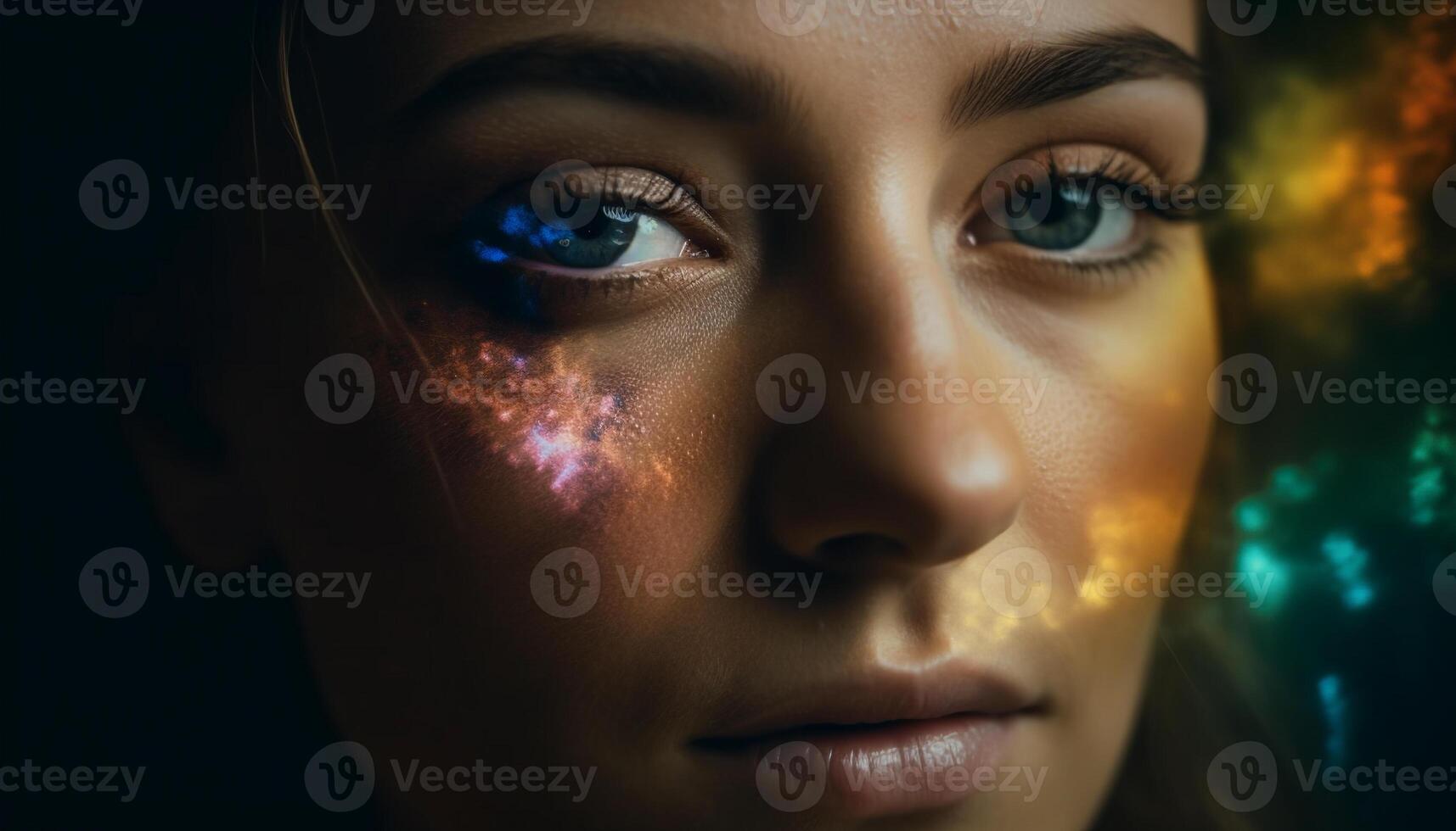 Young adult Caucasian woman looking at camera with glowing blue eye generated by AI photo