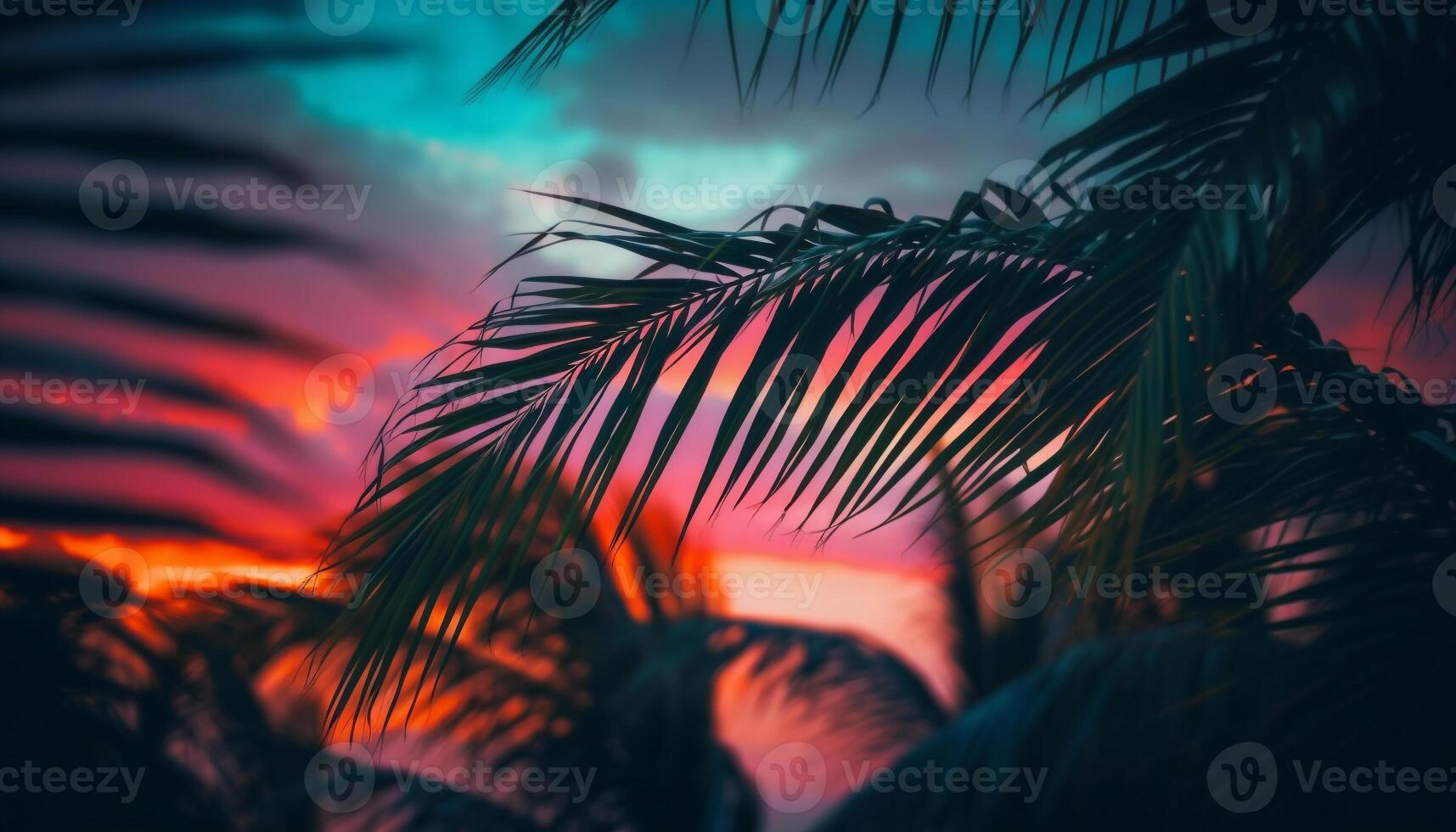 Tranquil sunset over tropical coastline, palm trees silhouetted against multi colored sky generated by AI photo