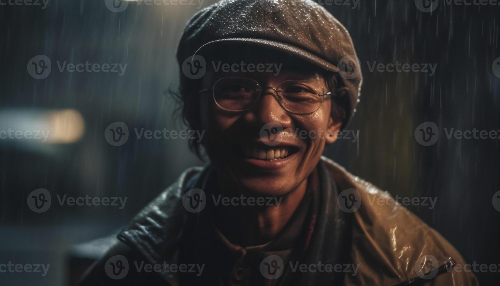 Smiling adults in rain, confident and cheerful in autumn weather generated by AI photo