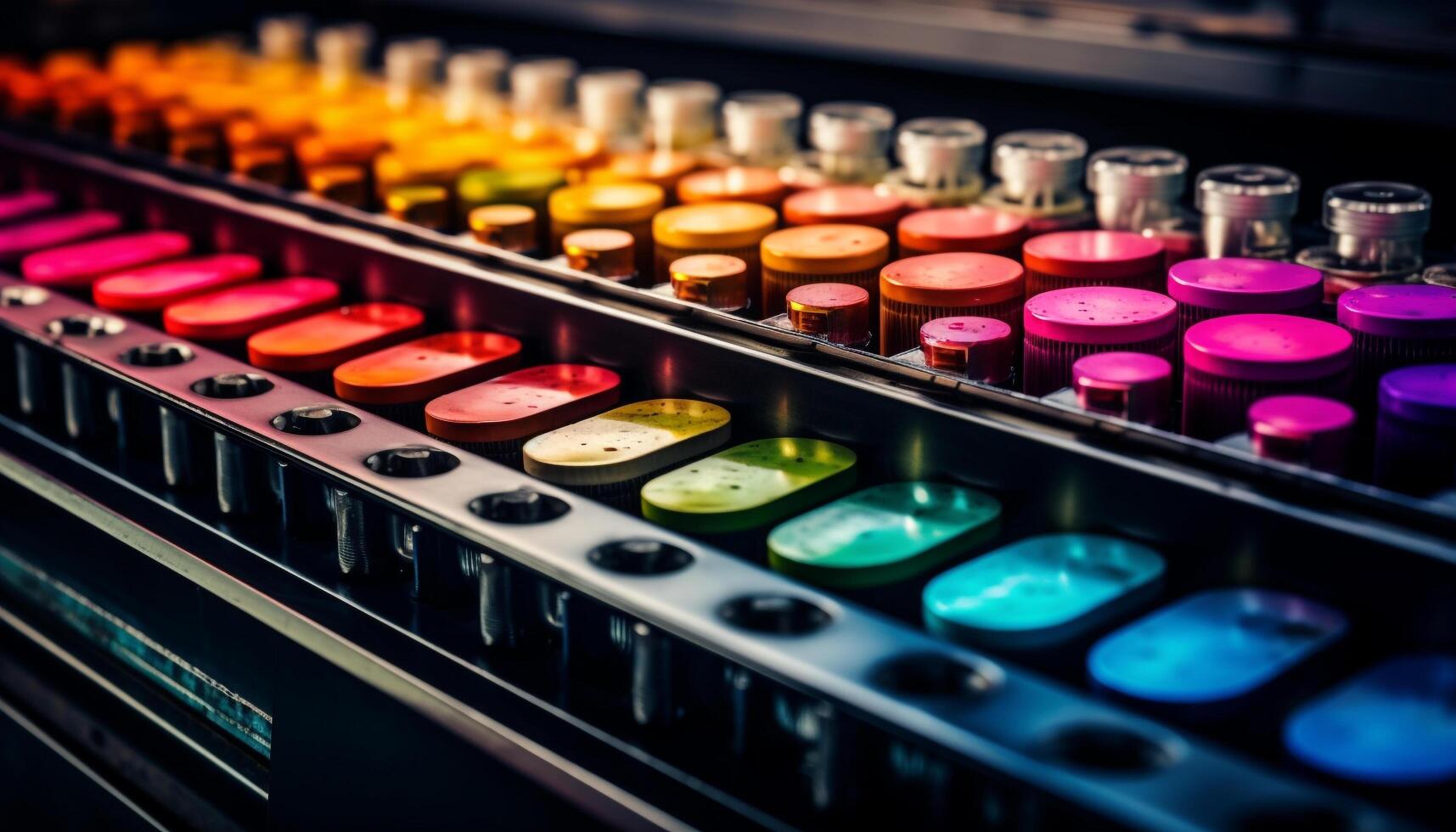 A large collection of multi colored bottles in a laboratory generated by AI photo