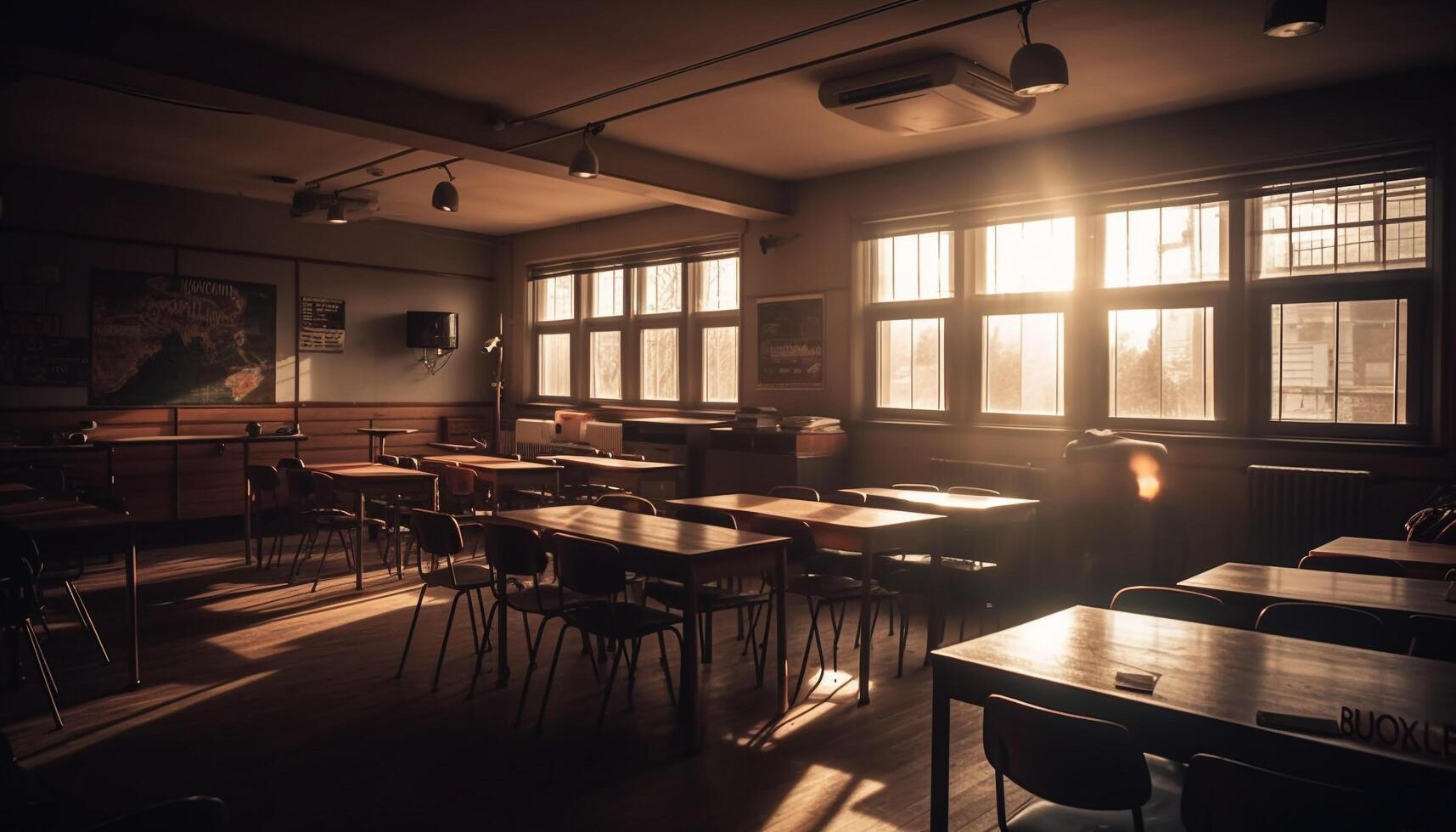 Modern classroom with empty chairs, wooden desk, and window lighting generated by AI photo