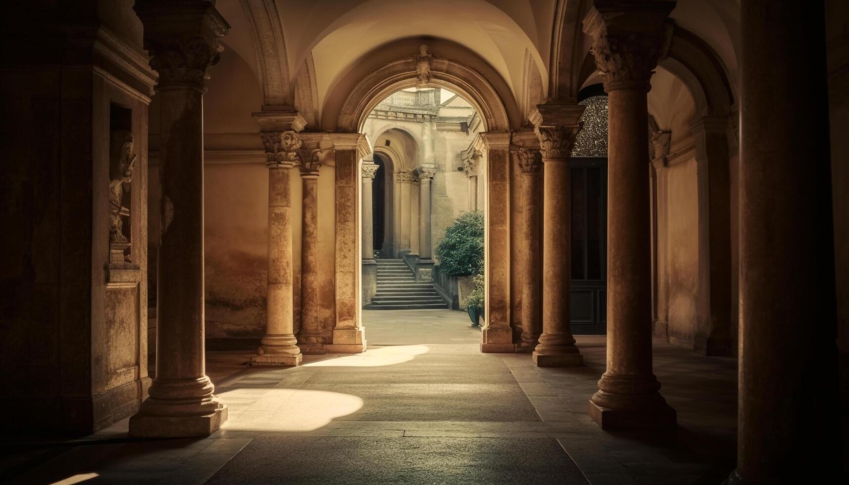 Ancient abbey entrance hall with gothic columns and marble altar generated by AI photo