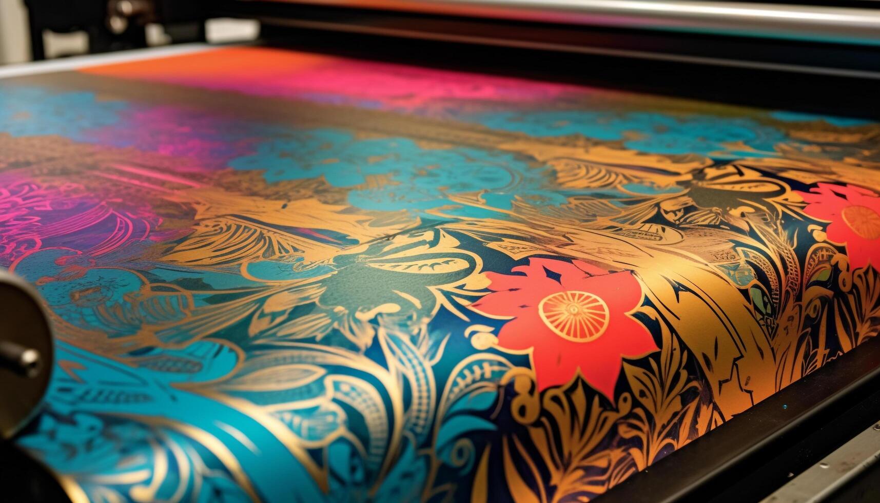 Vibrant colors and ornate floral patterns adorn the embroidered rug generated by AI photo