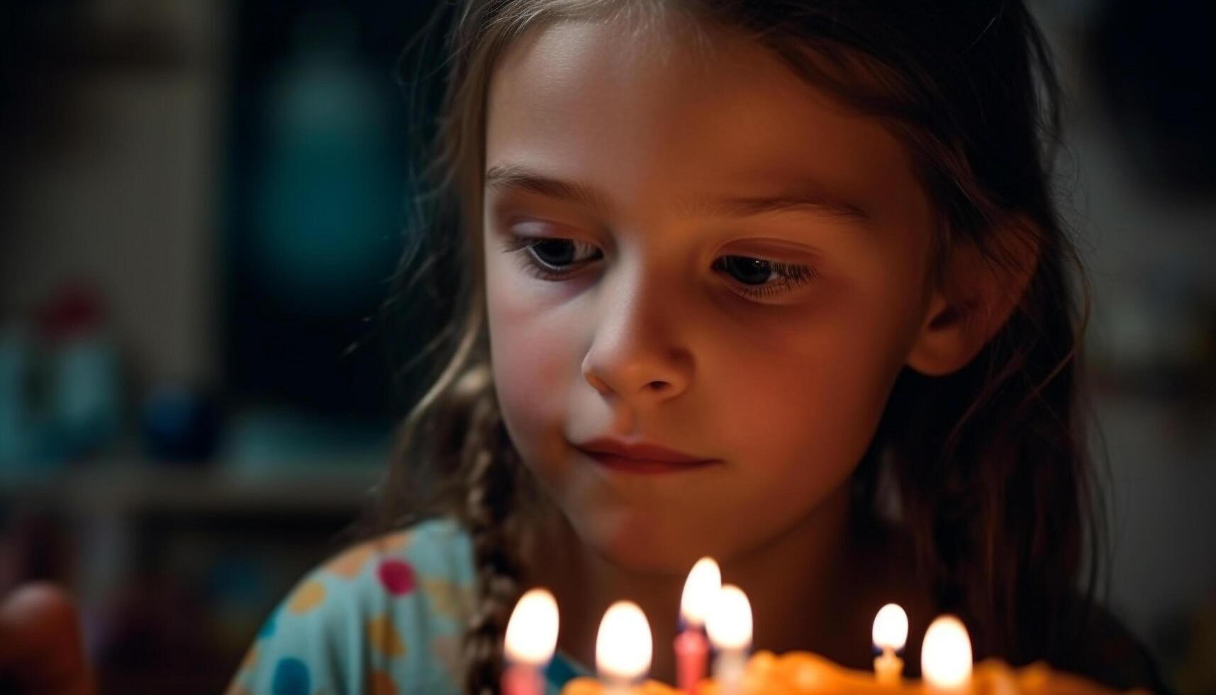 sonriente caucásico niña participación ardiente vela, disfrutando luz de una vela relajación generado por ai foto