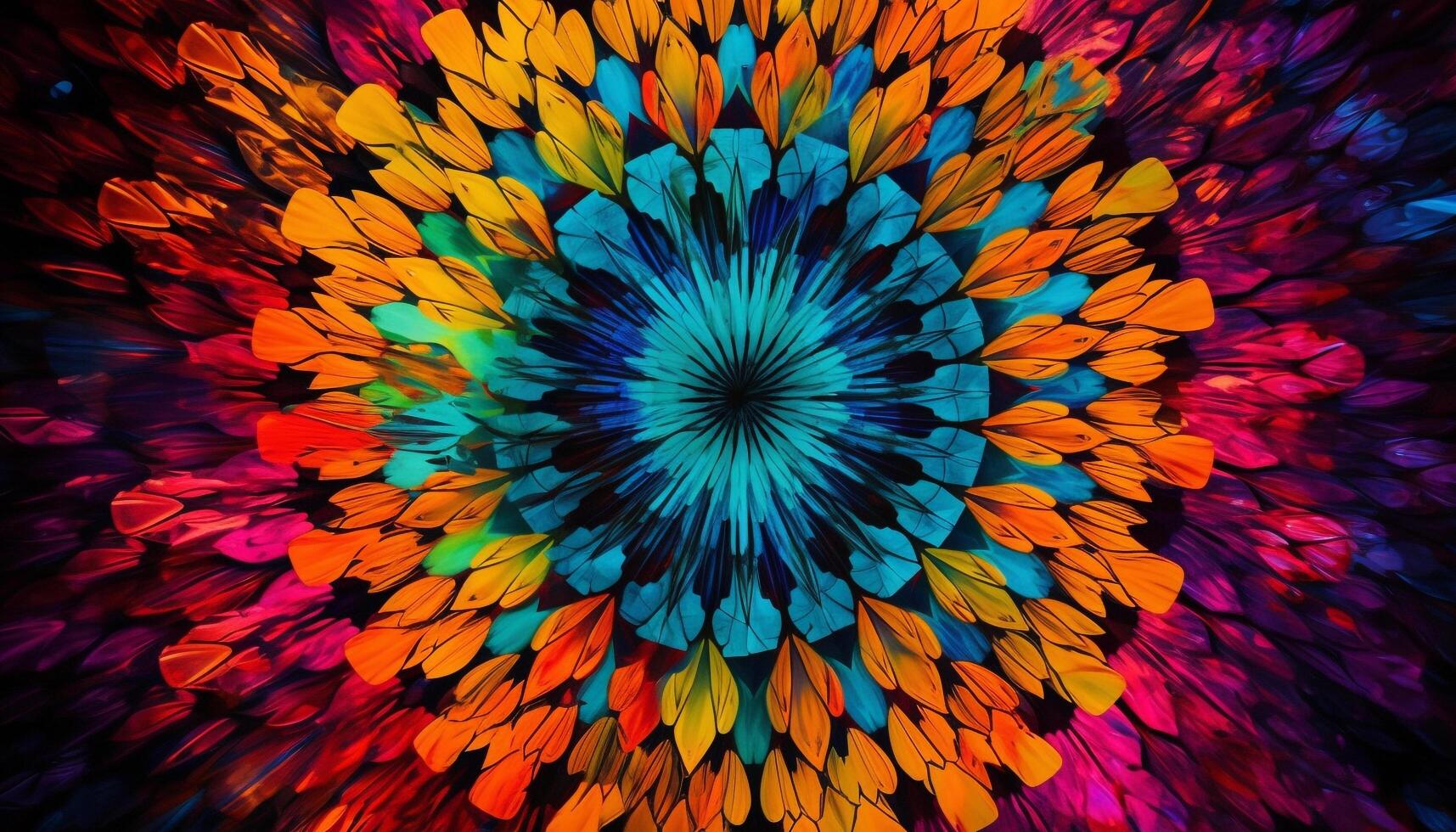 Vibrant colors and psychedelic patterns create a futuristic backdrop generated by AI photo