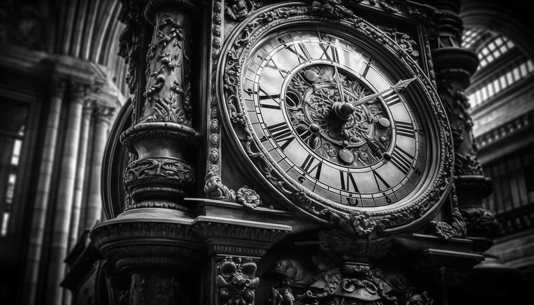 Ancient cityscape with gothic style clock tower, an international landmark generated by AI photo