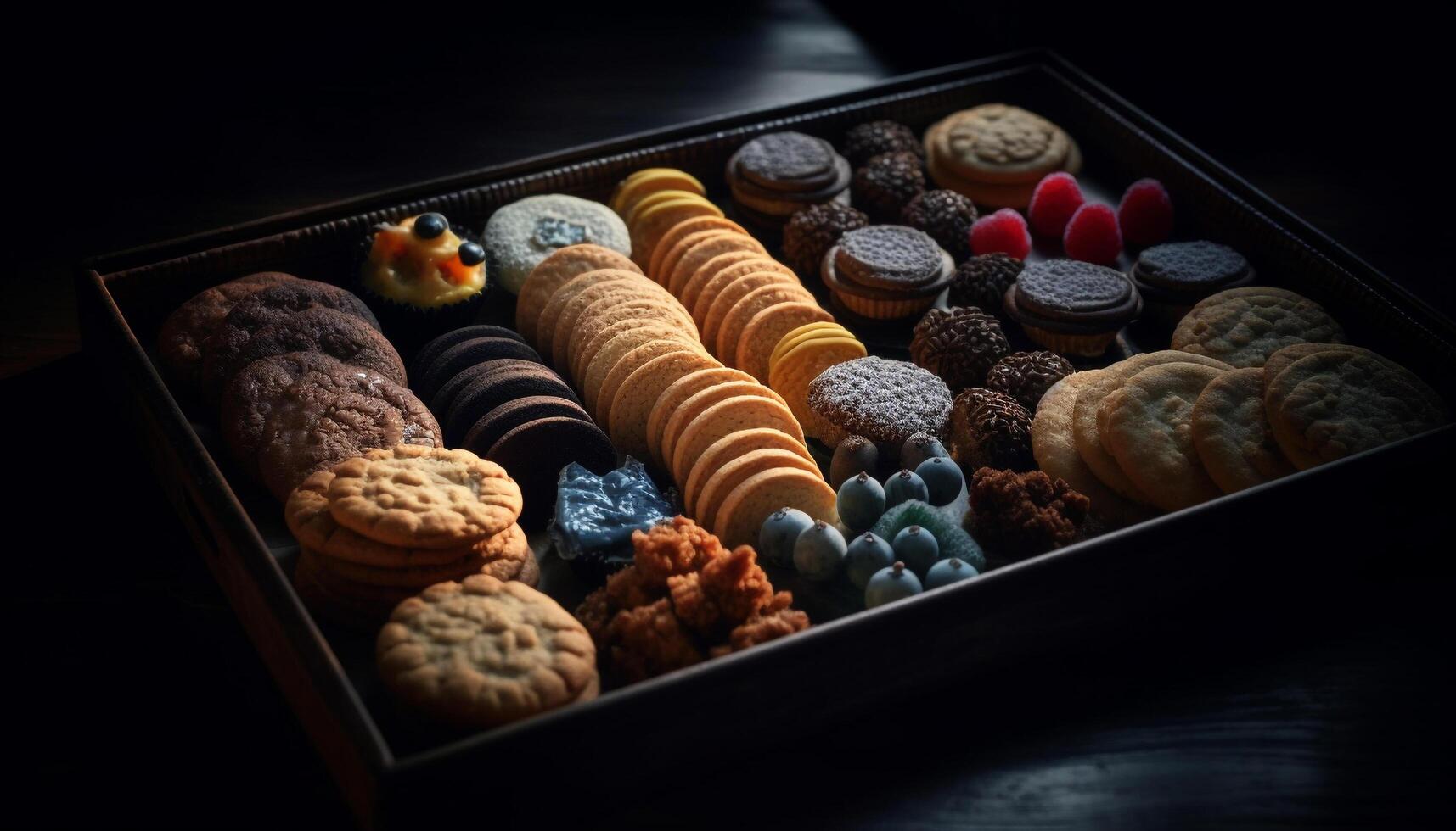 A rustic homemade gourmet cookie collection on a wooden table generated by AI photo