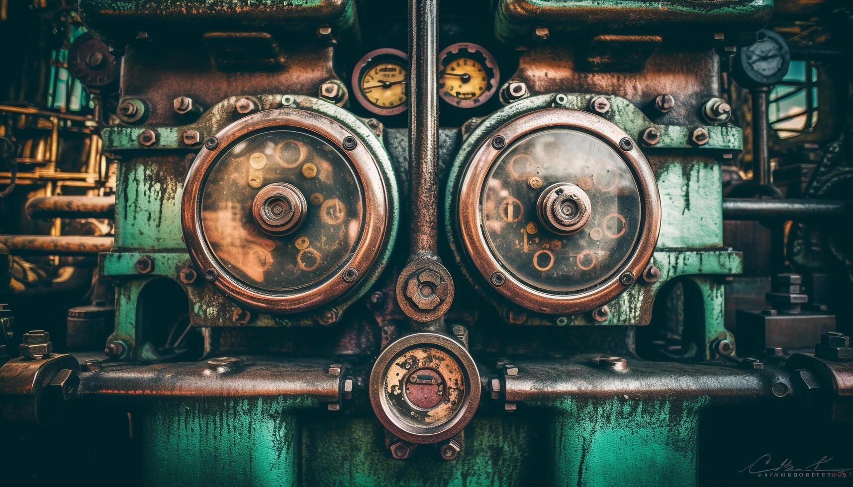 Rusty machinery in old factory, metal worker repairing broken equipment generated by AI photo