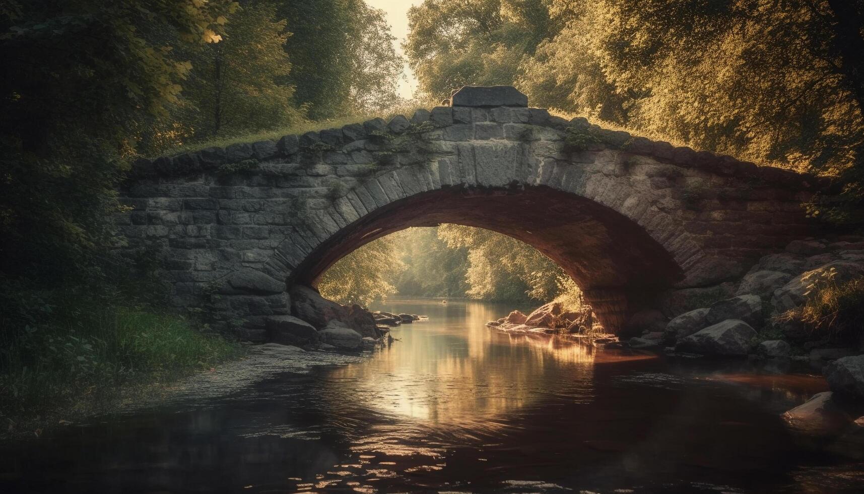 Ancient bridge arches over tranquil pond in green forest landscape generated by AI photo