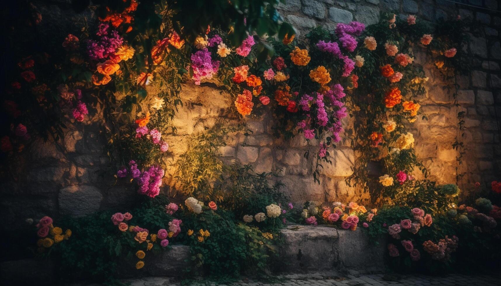 Vibrant bouquet of multi colored flowers adorn rustic brick wall backdrop generated by AI photo