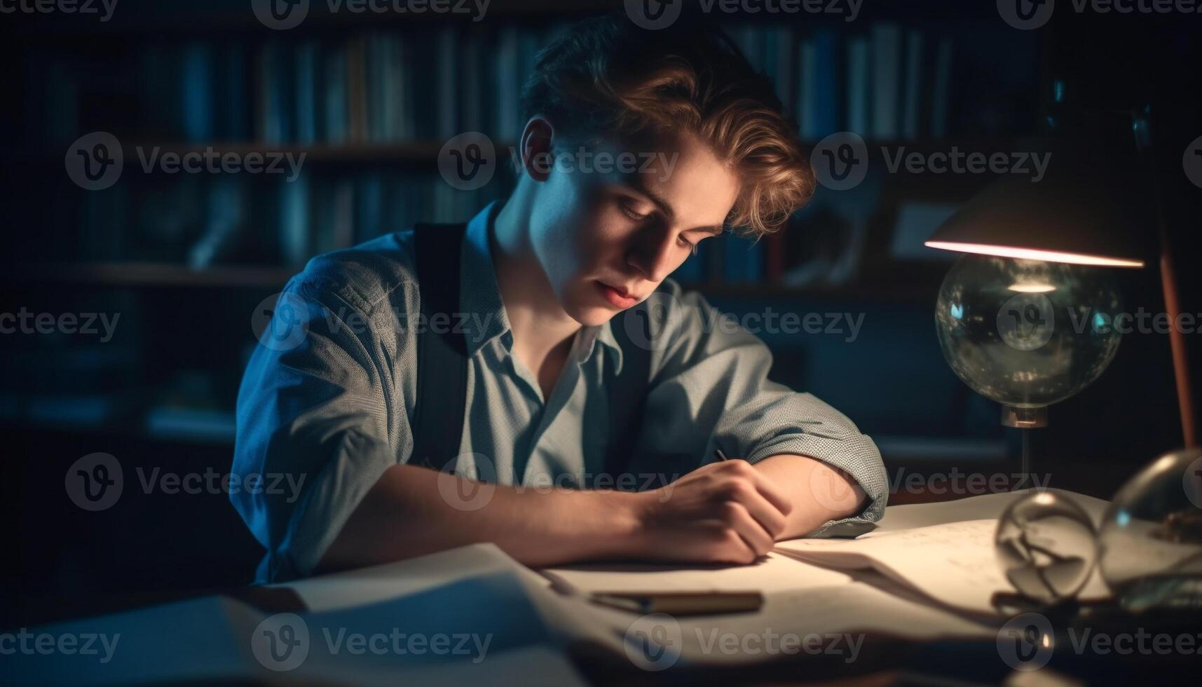 Young businessman studying literature, holding pen, illuminated by technology generated by AI photo
