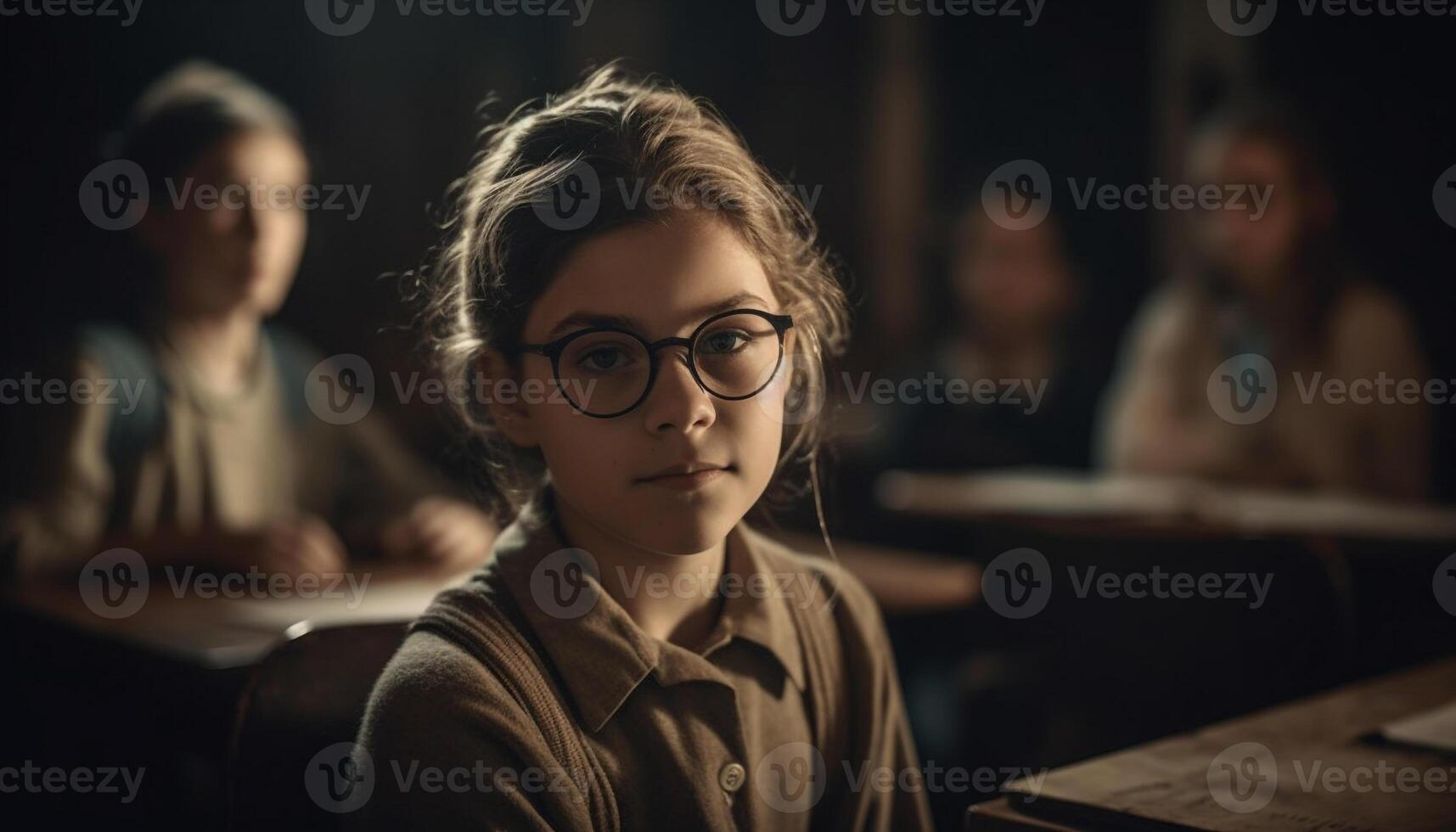 Young adults studying indoors at a table, looking at camera generated by AI photo