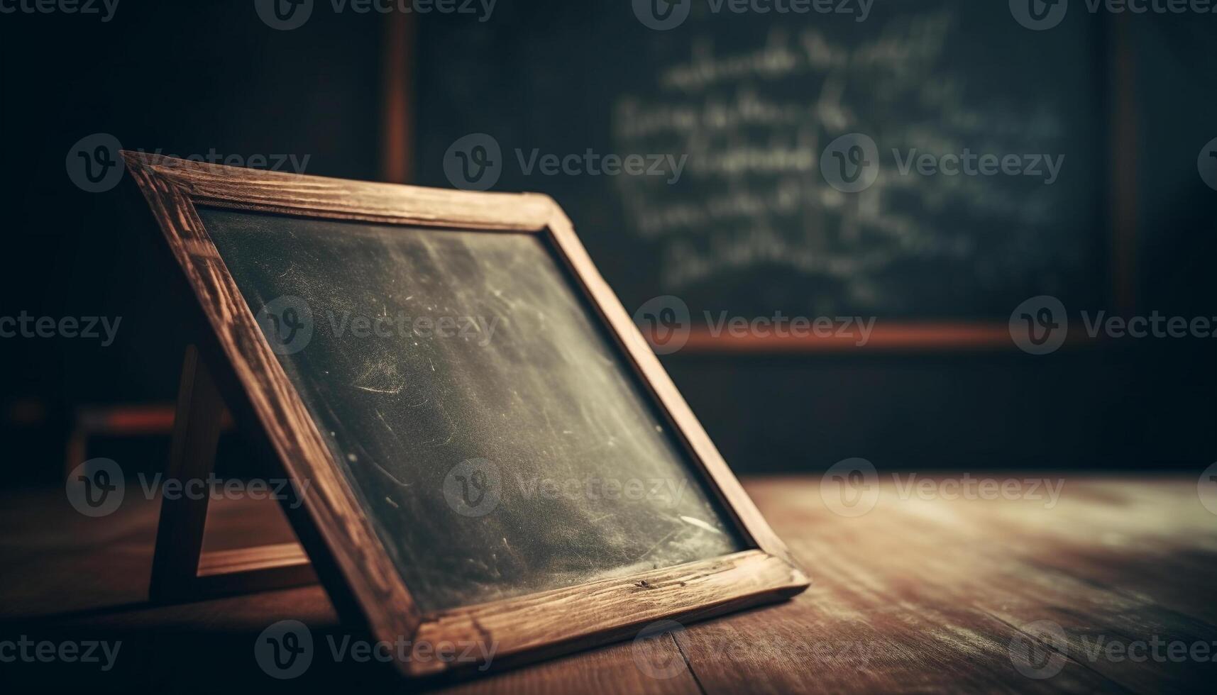 antiguo pasado de moda salón de clases con antiguo pizarra y vacío de madera escritorio generado por ai foto