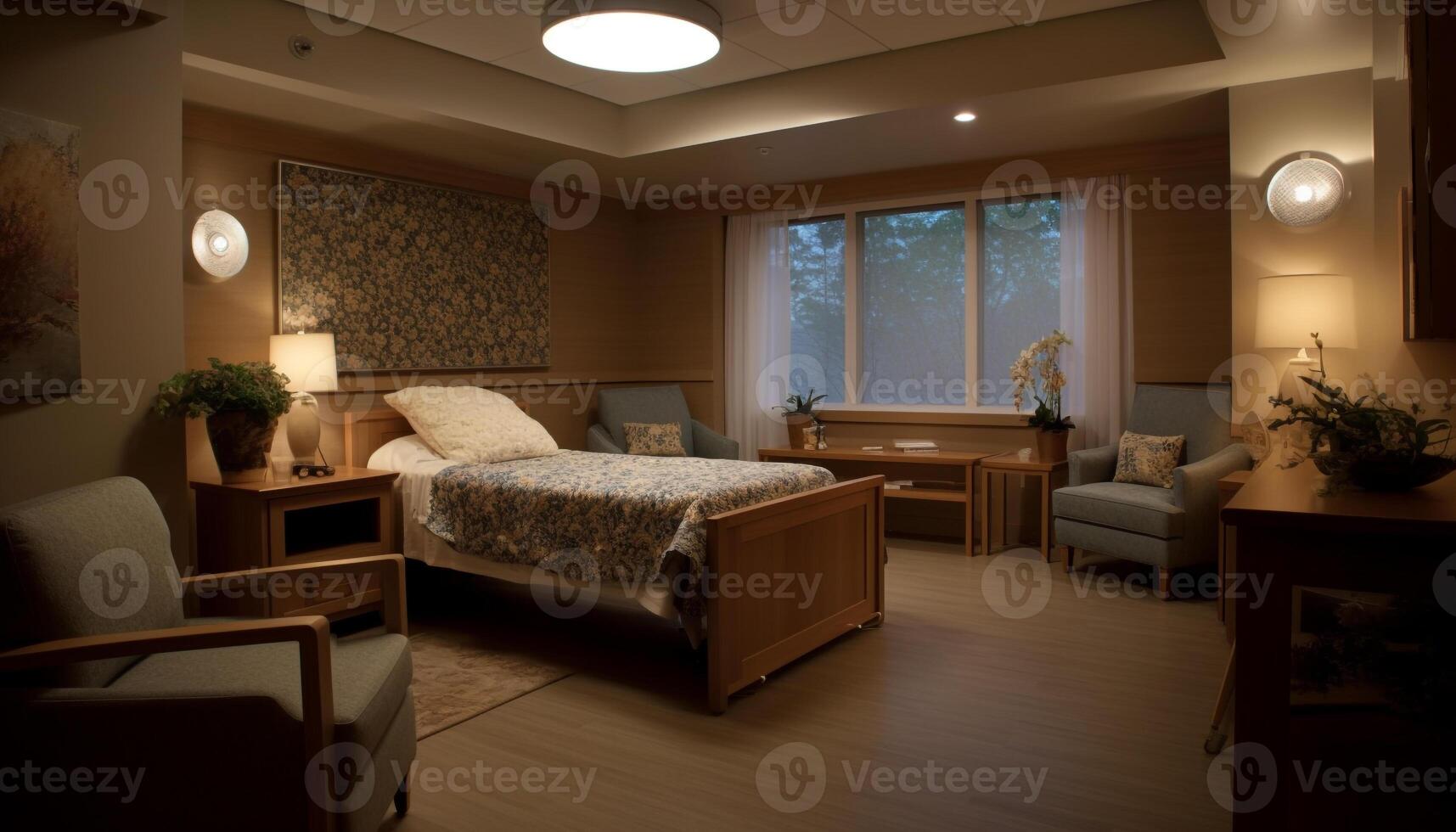 Modern apartment design with elegant wood decor and comfortable bedding generated by AI photo