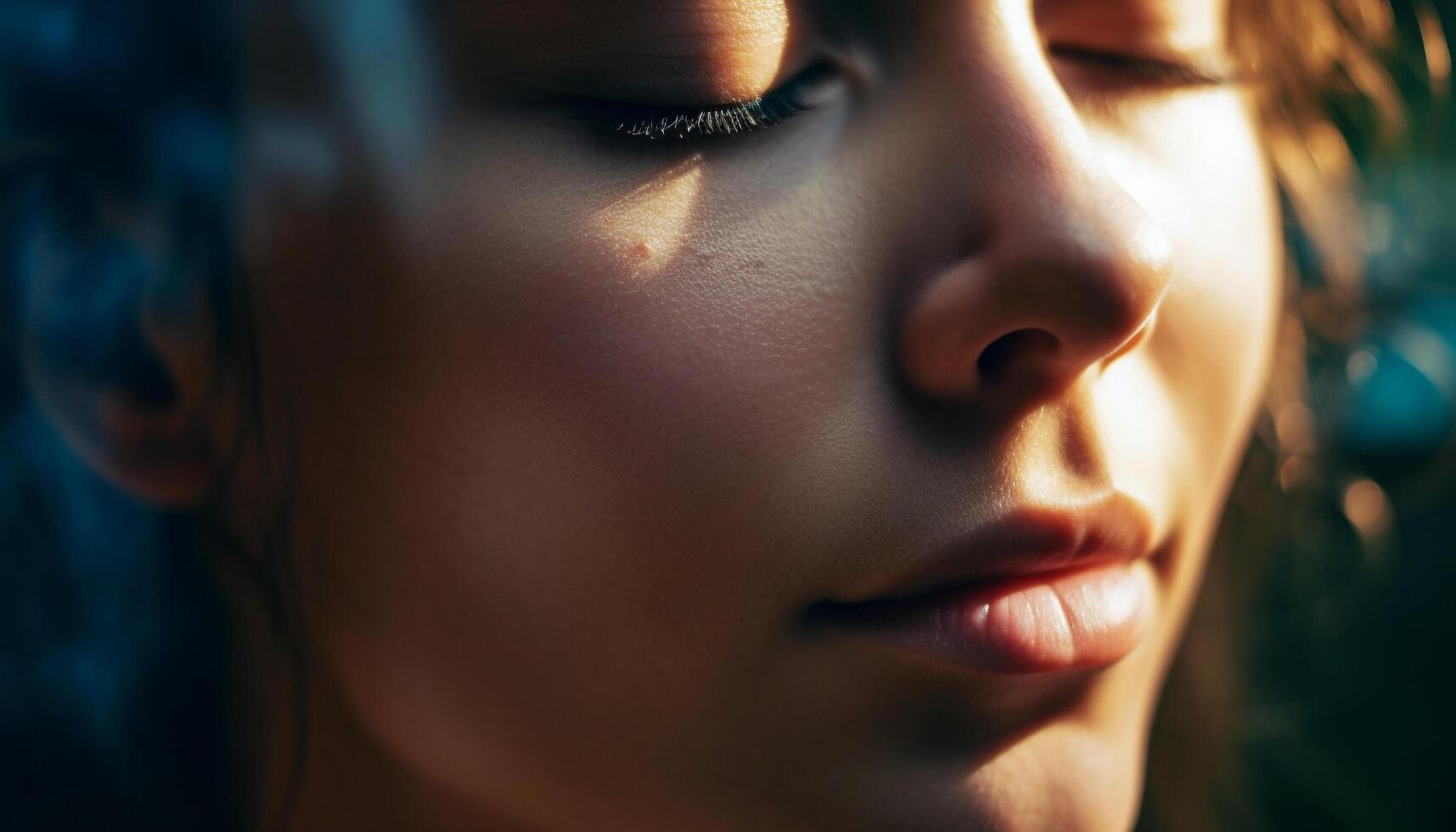 joven mujer sonriente en naturaleza, disfrutando el verano luz de sol generado por ai foto