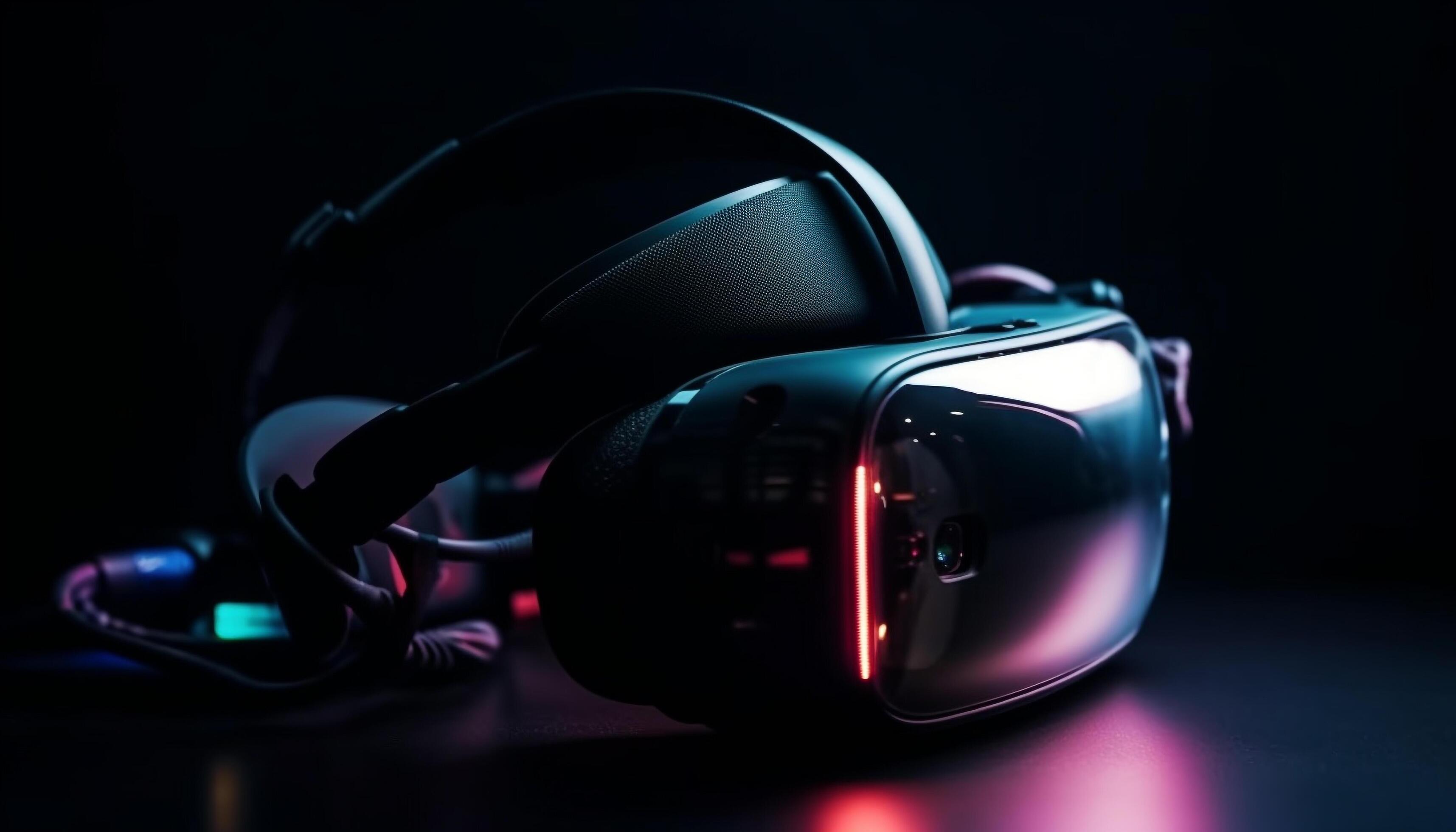 Futuristic headset for virtual reality simulator illuminates eyesight