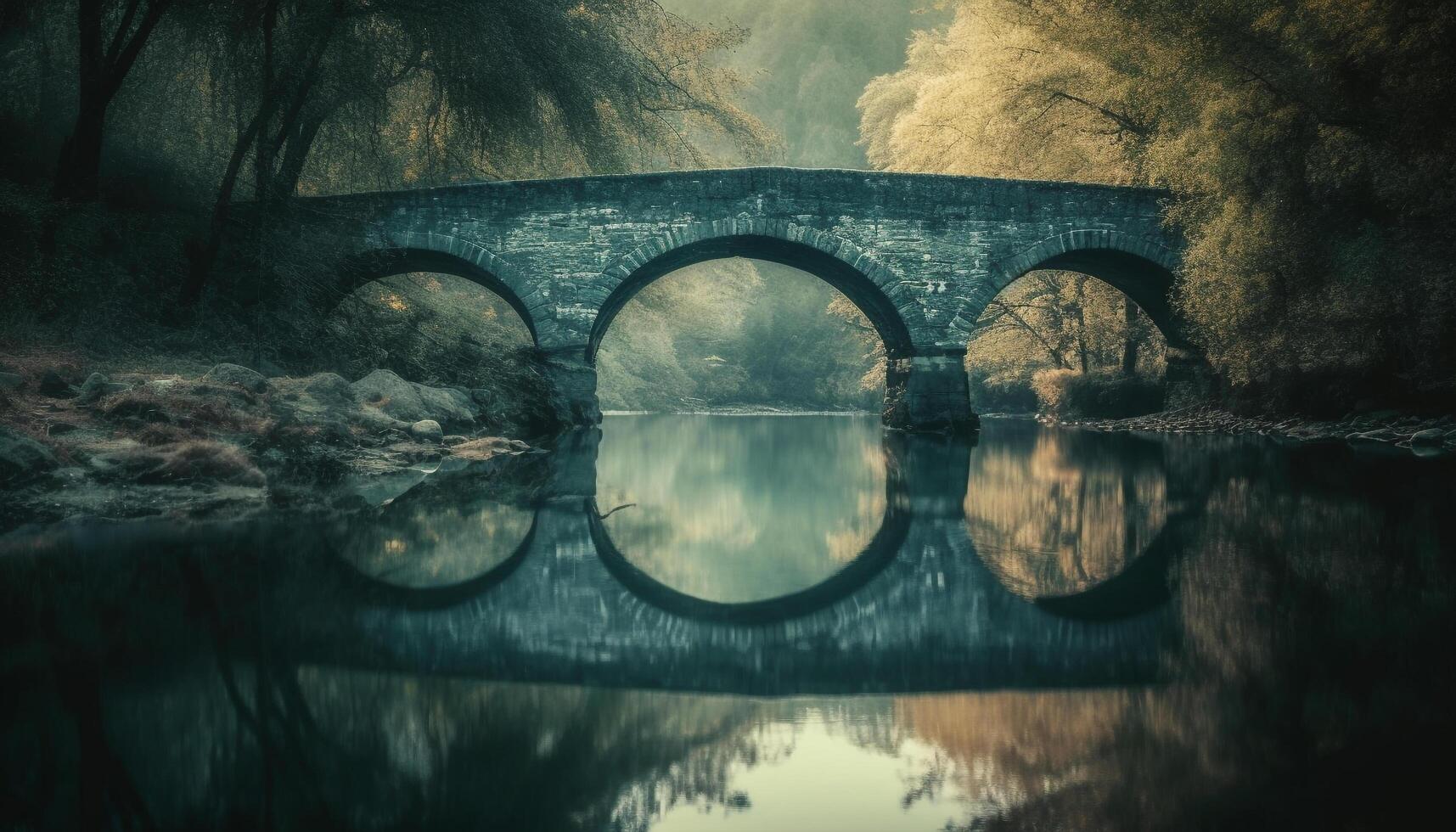 Tranquil scene of an ancient bridge reflected in the water generated by AI photo