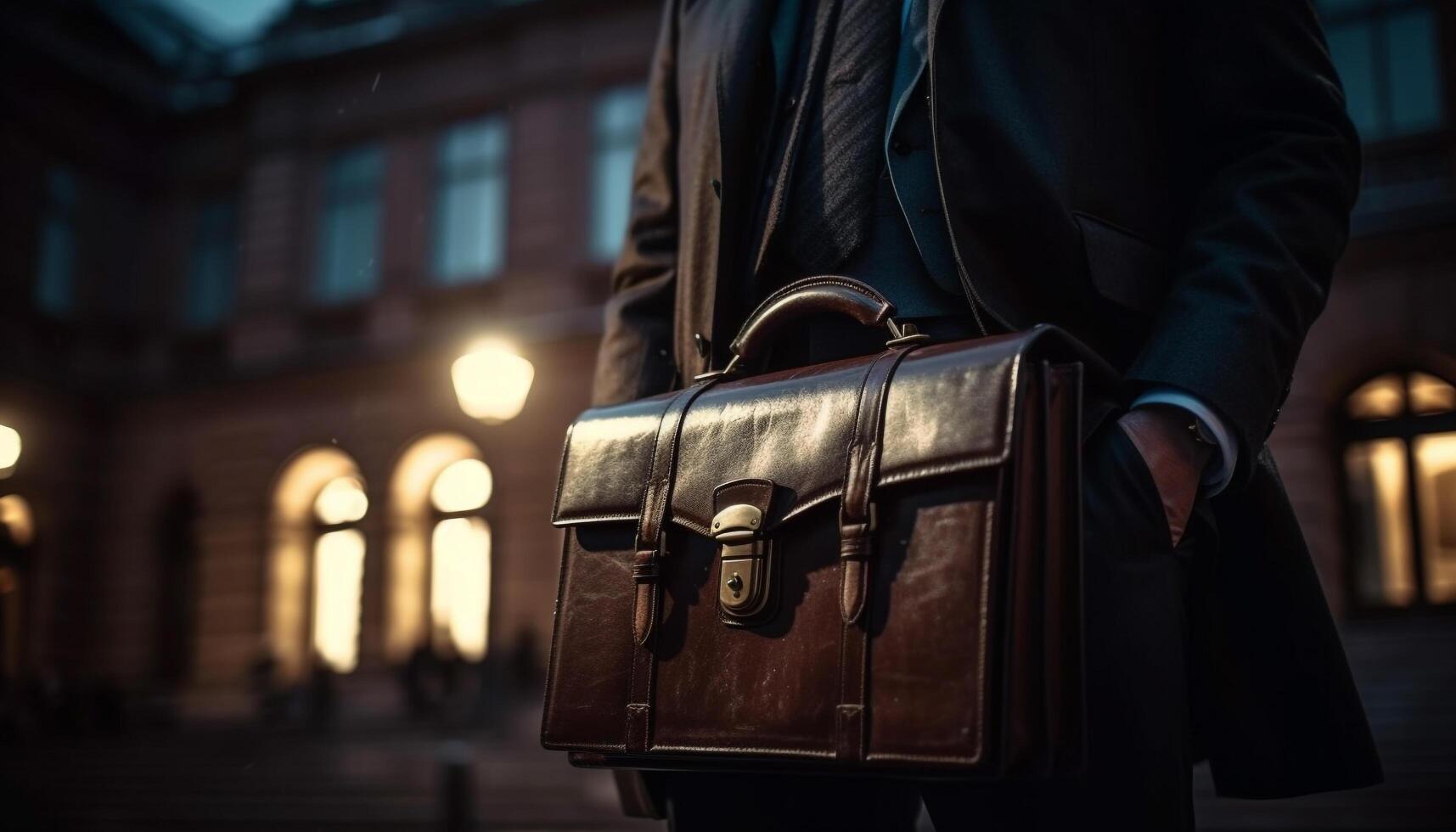 Well dressed businessman carrying briefcase walking outdoors in the city generated by AI photo