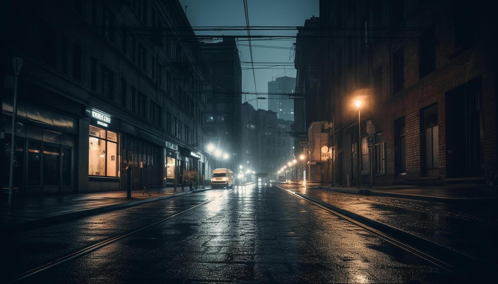 Noche ciudad conduciendo, borroso luces, moderno arquitectura, urbano horizonte generado por ai foto