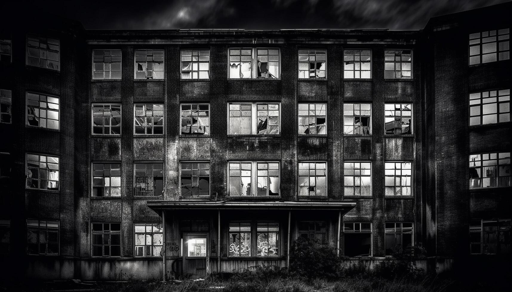 Spooky old ruin, a run down factory in the cityscape generated by AI photo
