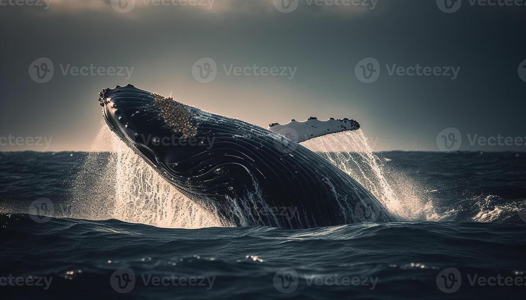 Majestic humpback whale breaching in tropical seascape at sunset generated by AI photo