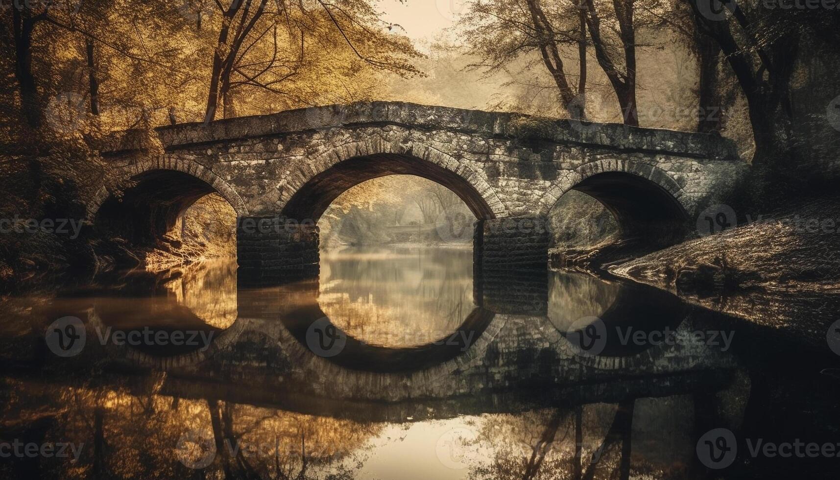 Ancient forest reflects tranquil sunset on old ruin stone material generated by AI photo