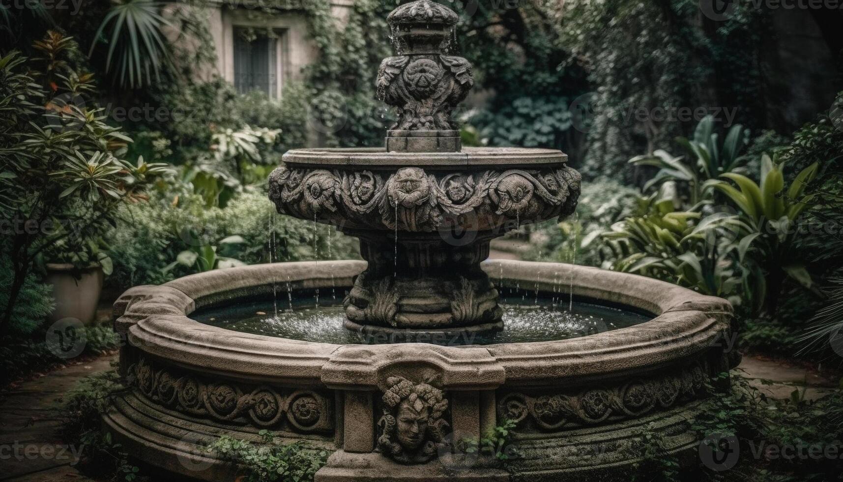 Tranquil scene of old fashioned formal garden with flowing pond decoration generated by AI photo