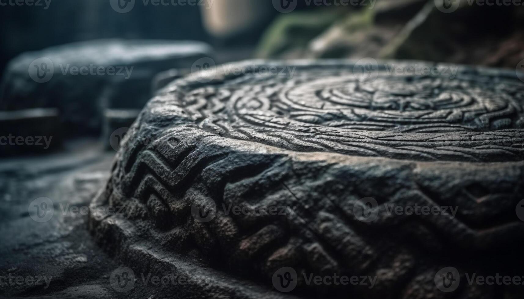 Ancient sculpture of a wheel, made of stone material and marble generated by AI photo