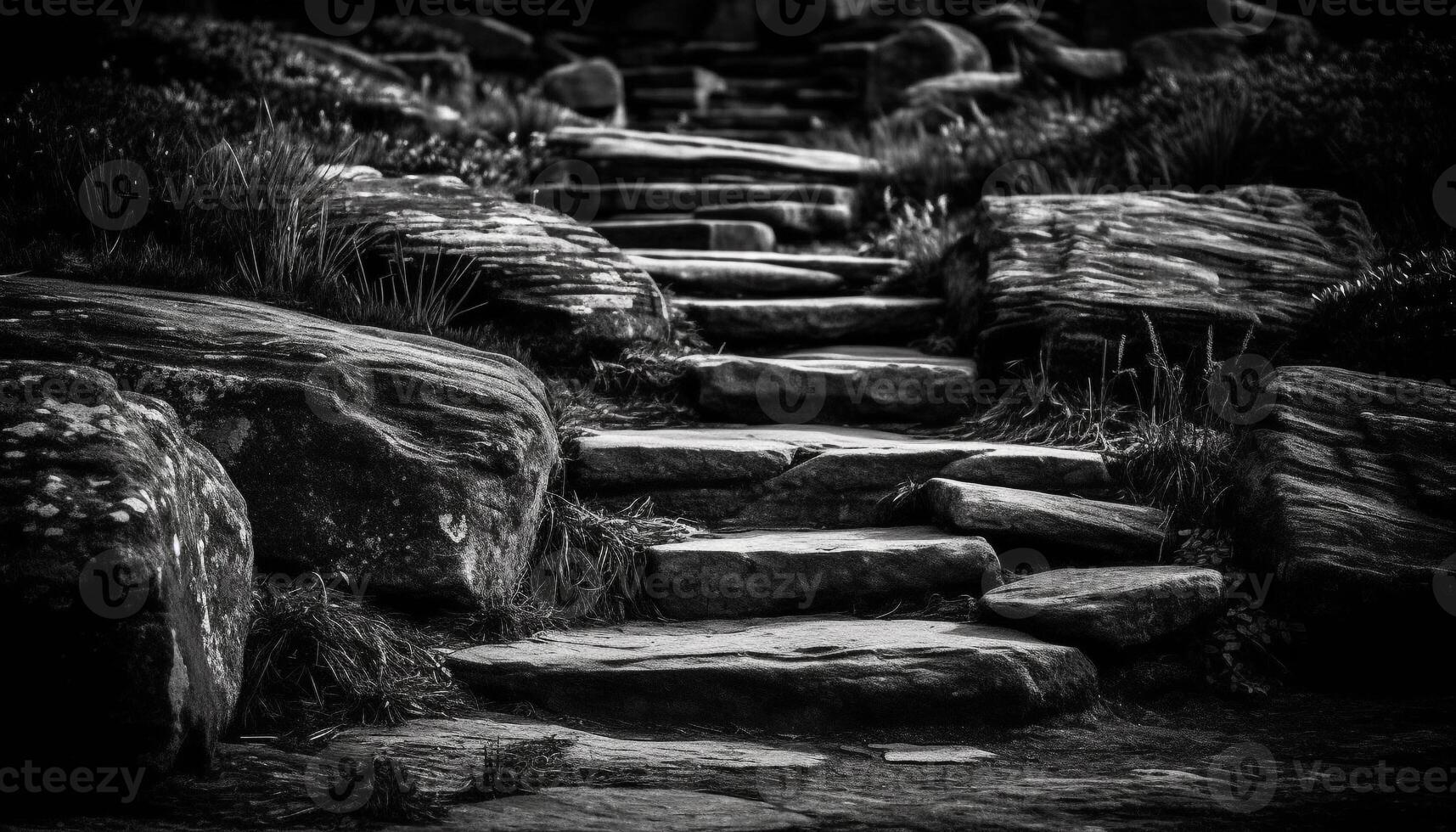Steps carved in stone lead to tranquil stream in forest ravine generated by AI photo