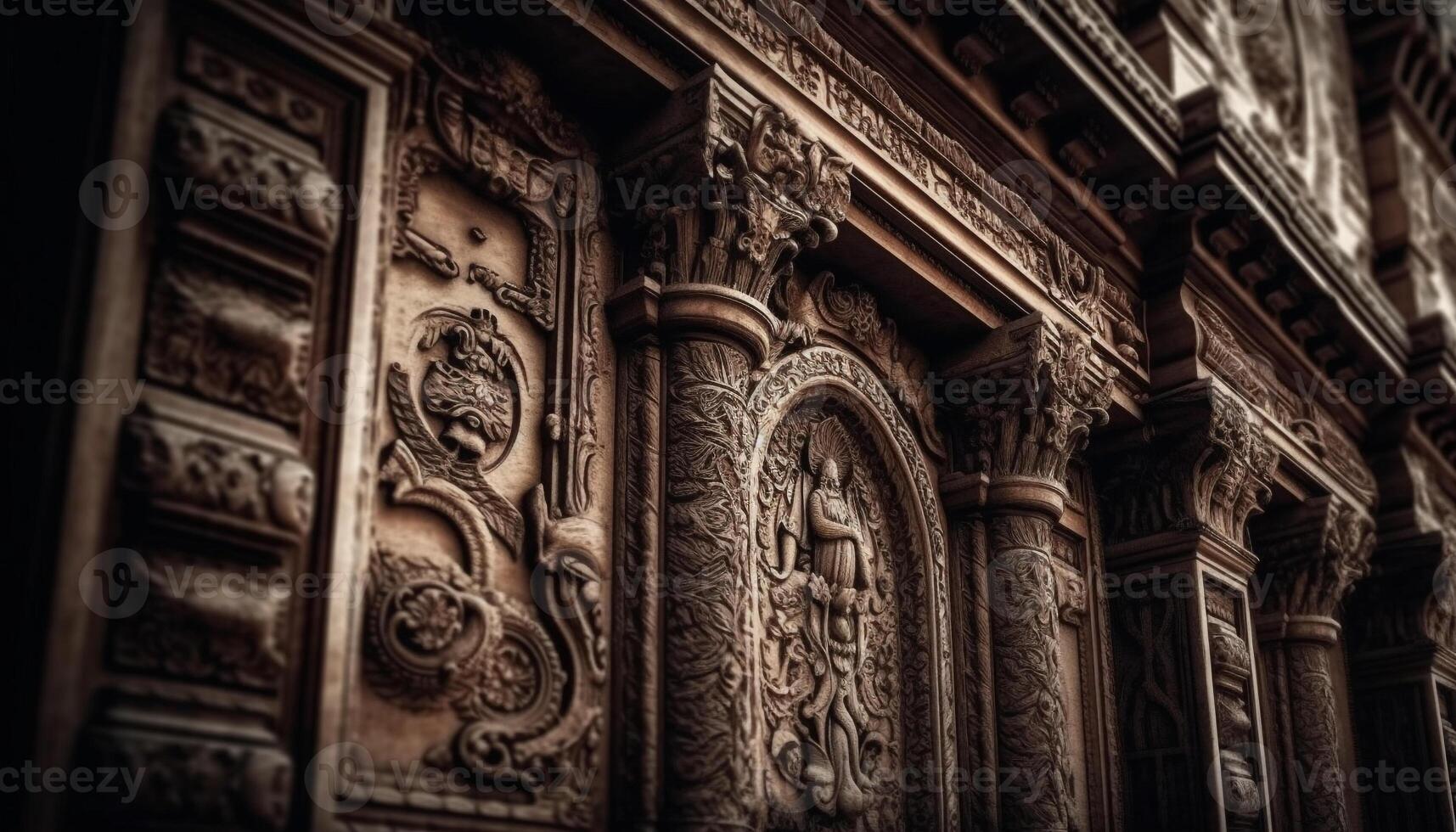 Ornate sculpture of a praying statue in an old cathedral generated by AI photo