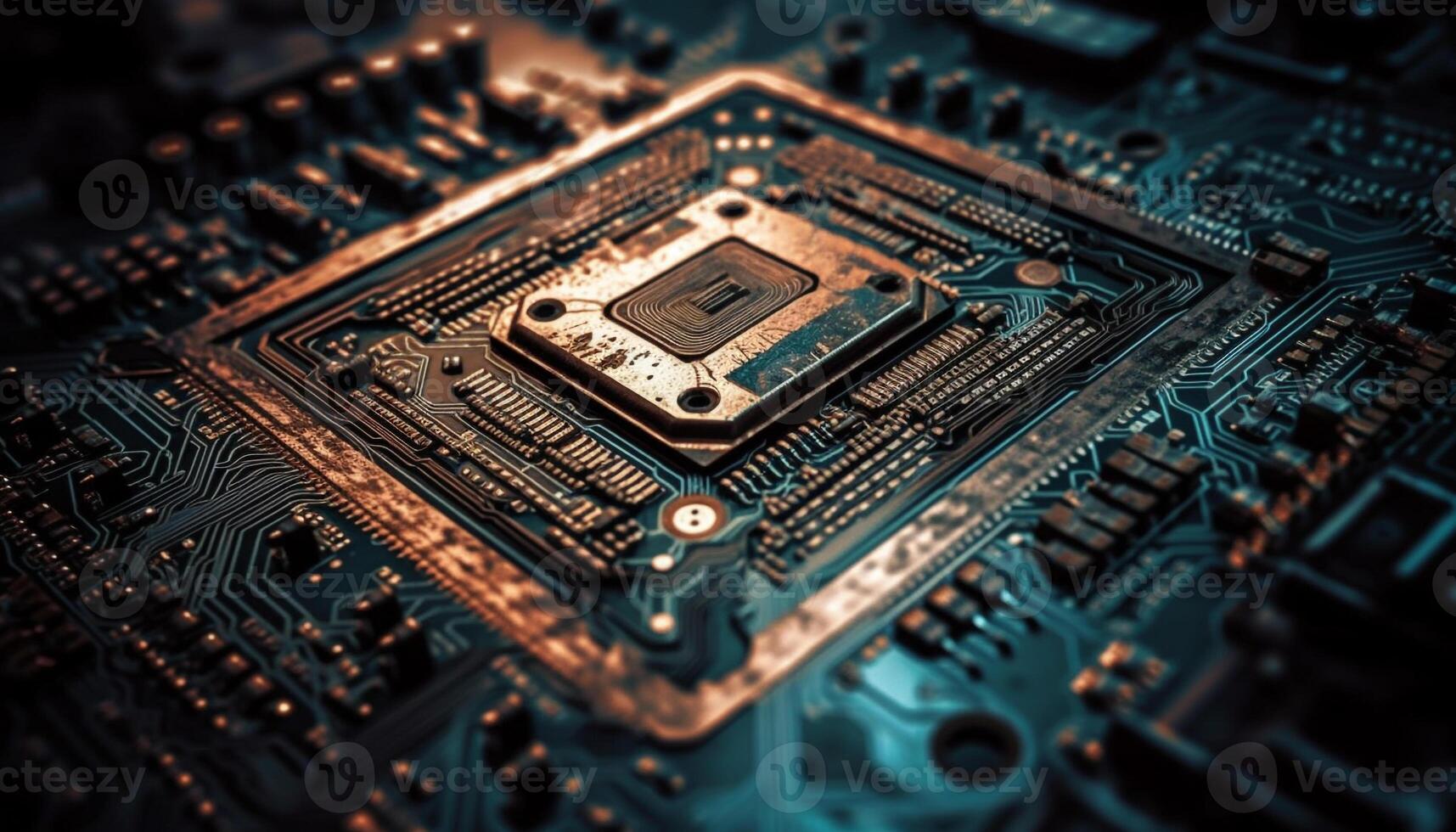 Futuristic computer chip pattern with selective focus and complex circuitry generated by AI photo