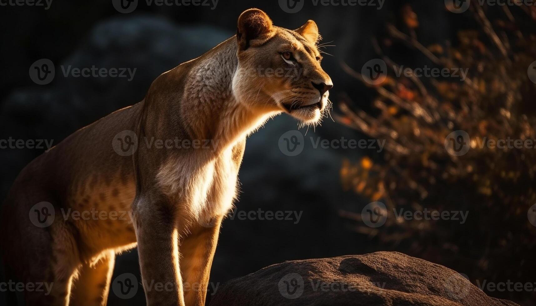 Majestic lioness, endangered beauty in nature, alertness in wilderness area generated by AI photo