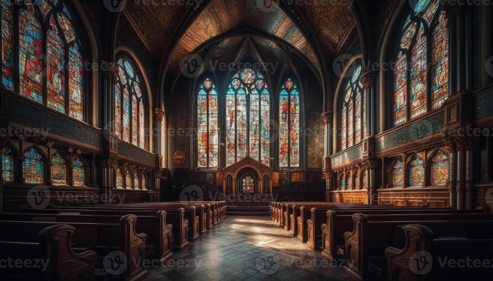 Medieval Gothic chapel with stained glass, pipe organ, and altar generated by AI photo