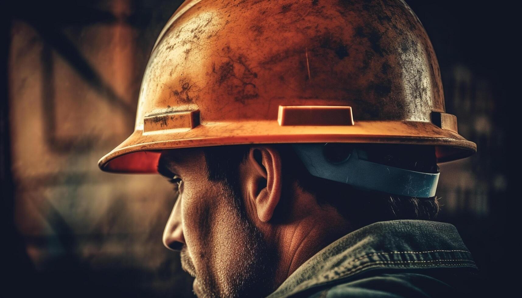 One man standing outdoors wearing hardhat, protective workwear, and equipment generated by AI photo