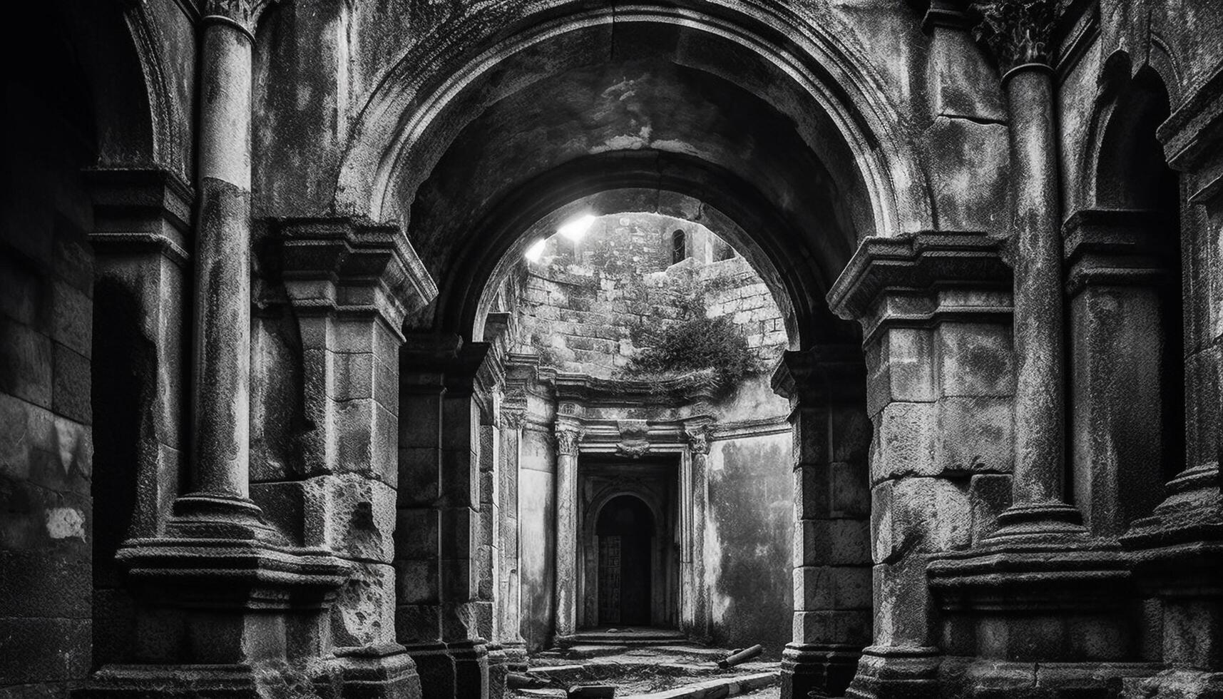 The ancient abbey spooky entrance vanishes into the dark corridor generated by AI photo