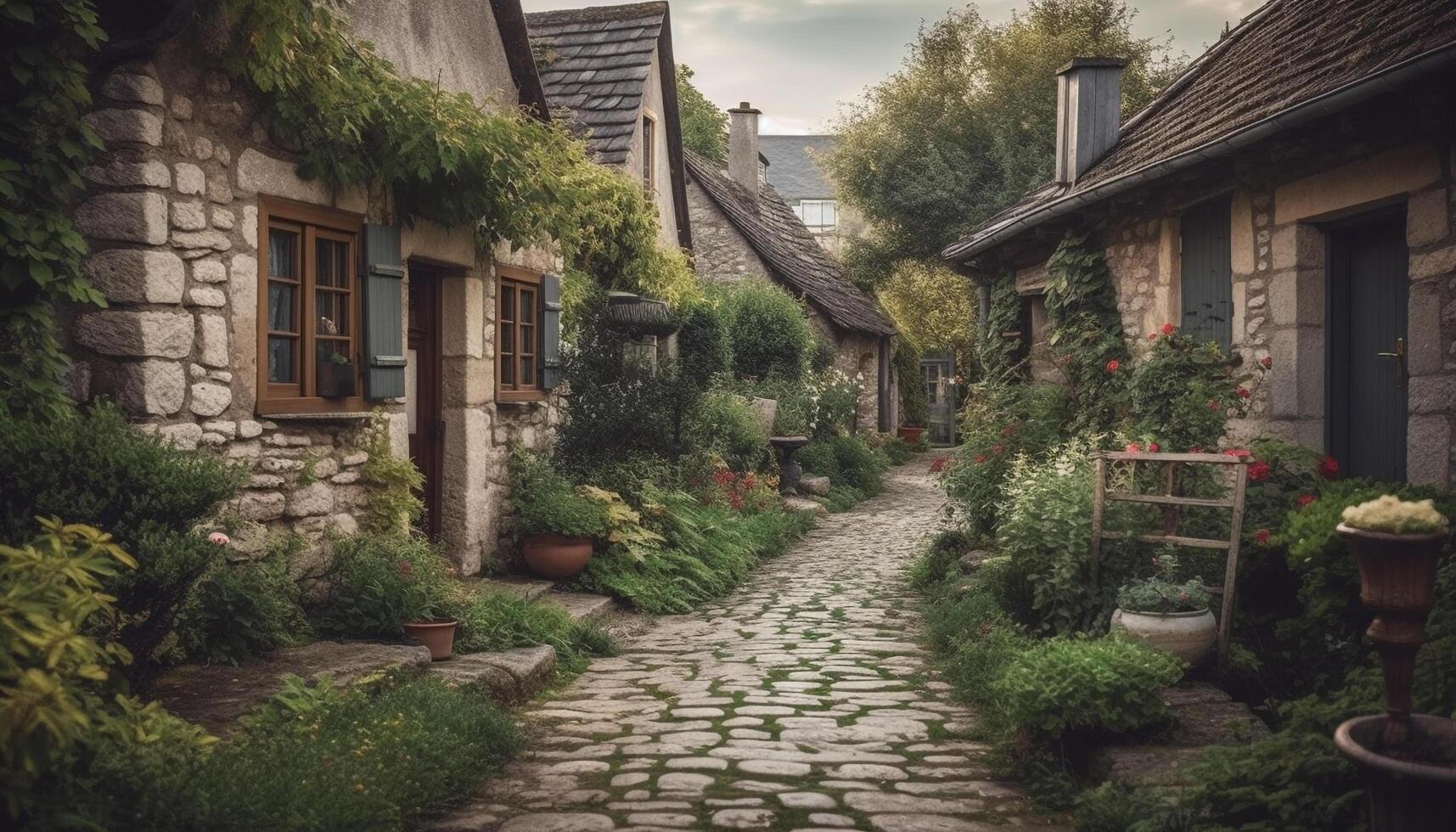An idyllic old fashioned French cottage with a rustic stone facade generated by AI photo