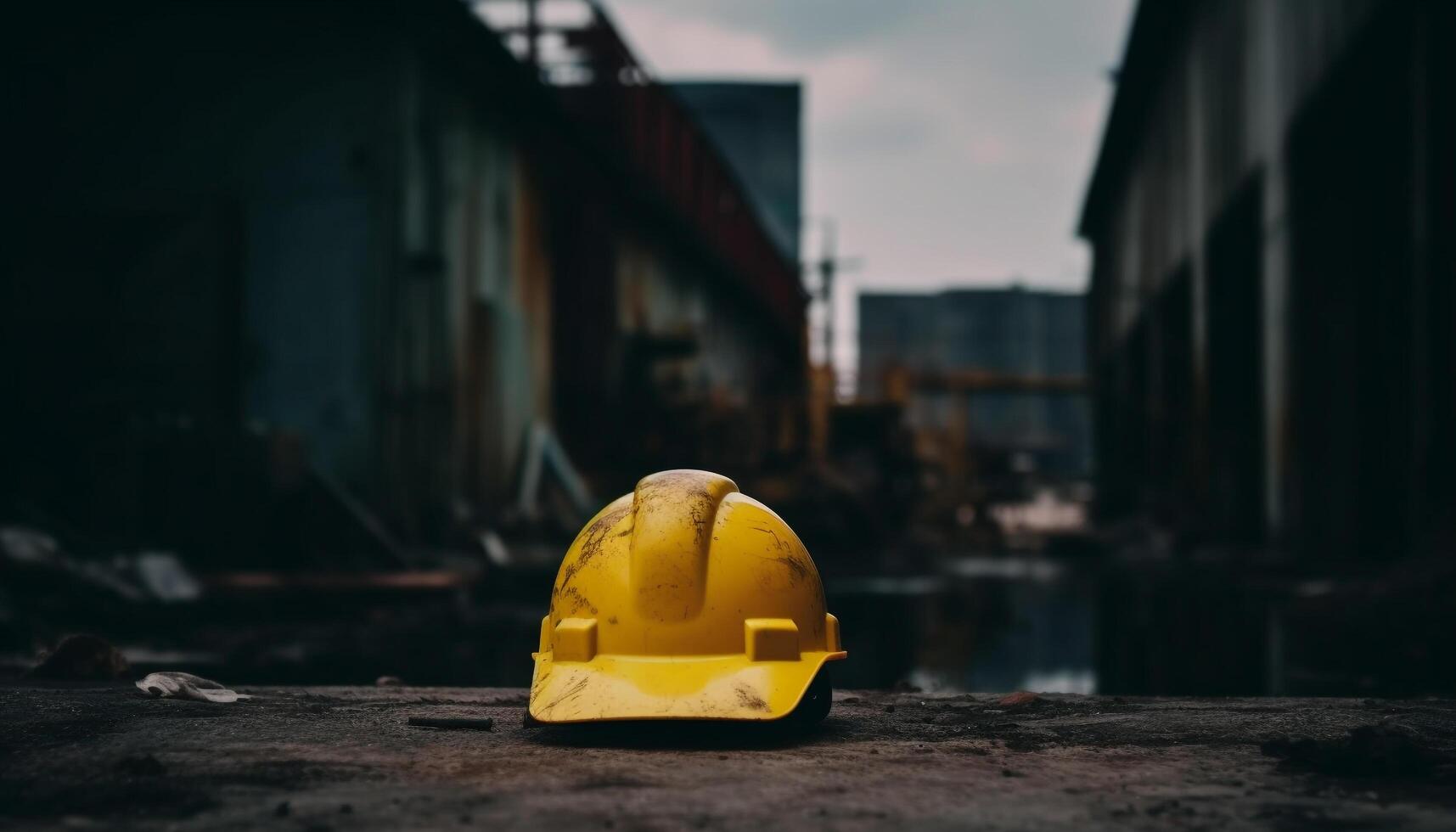 casco de seguridad hombres trabajo al aire libre en construcción sitio, edificio acero estructura generado por ai foto