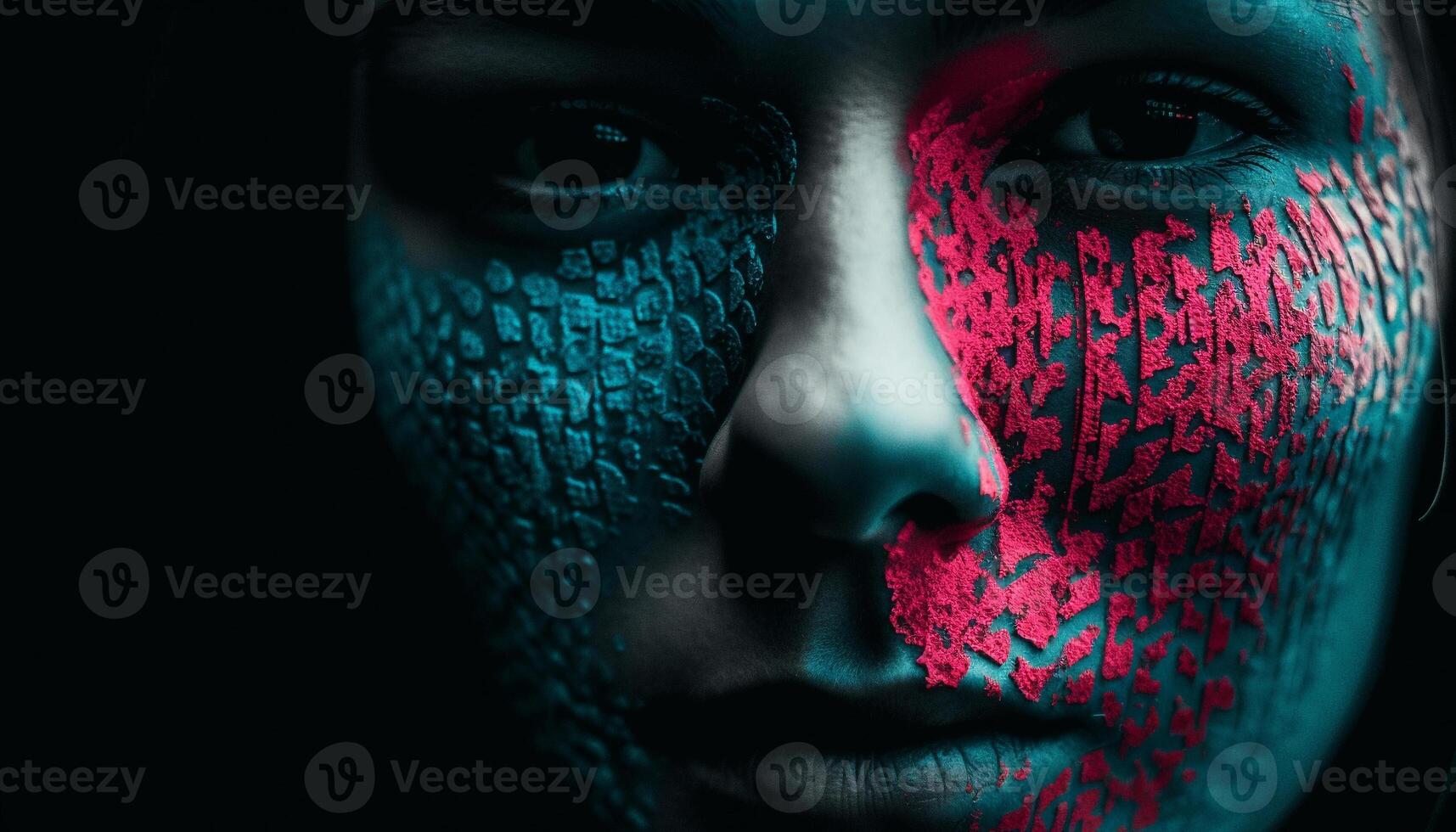 Blue eyed beauty gazes into mysterious futuristic world of fantasy generated by AI photo