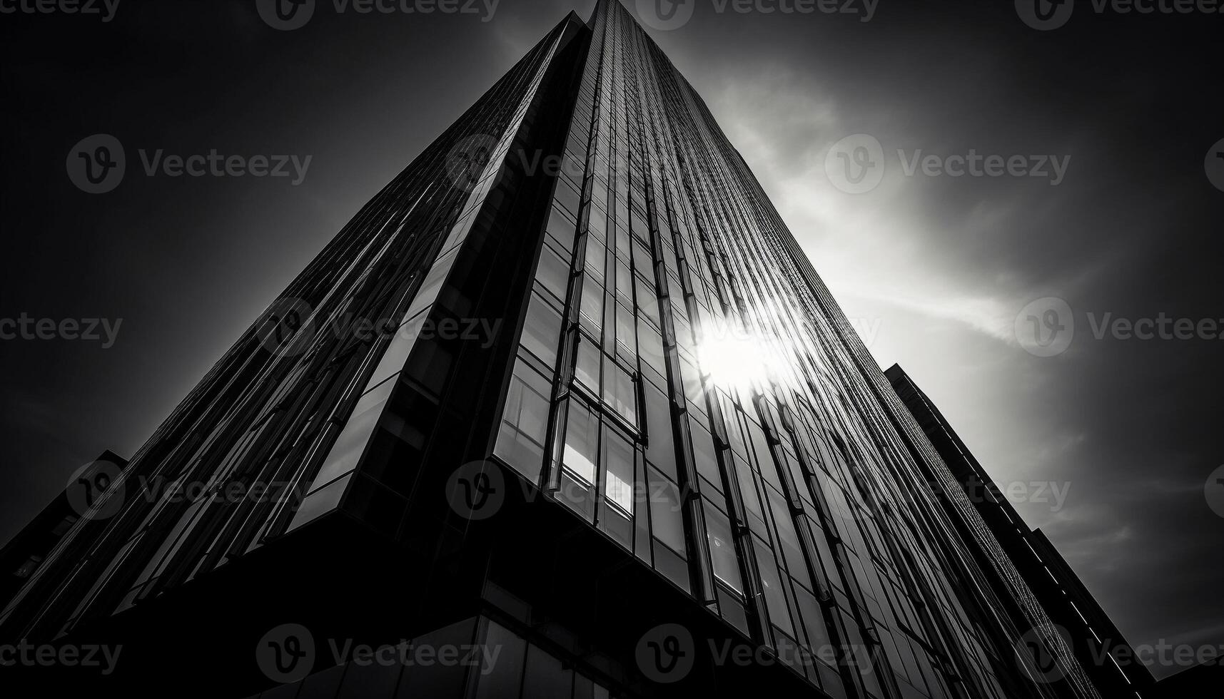 Tall skyscraper, modern design, steel facade, black and white abstract generated by AI photo