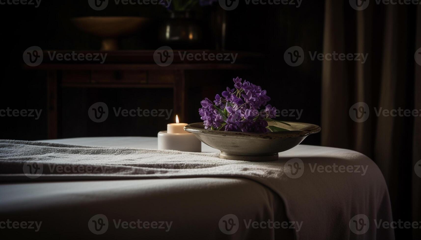 Luxury bedroom with comfortable bed, candlelight, and vase of flowers generated by AI photo