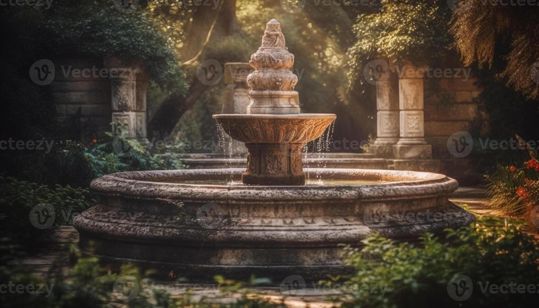 Tranquil Bali pond illuminated by ancient Hindu statue at dusk generated by AI photo