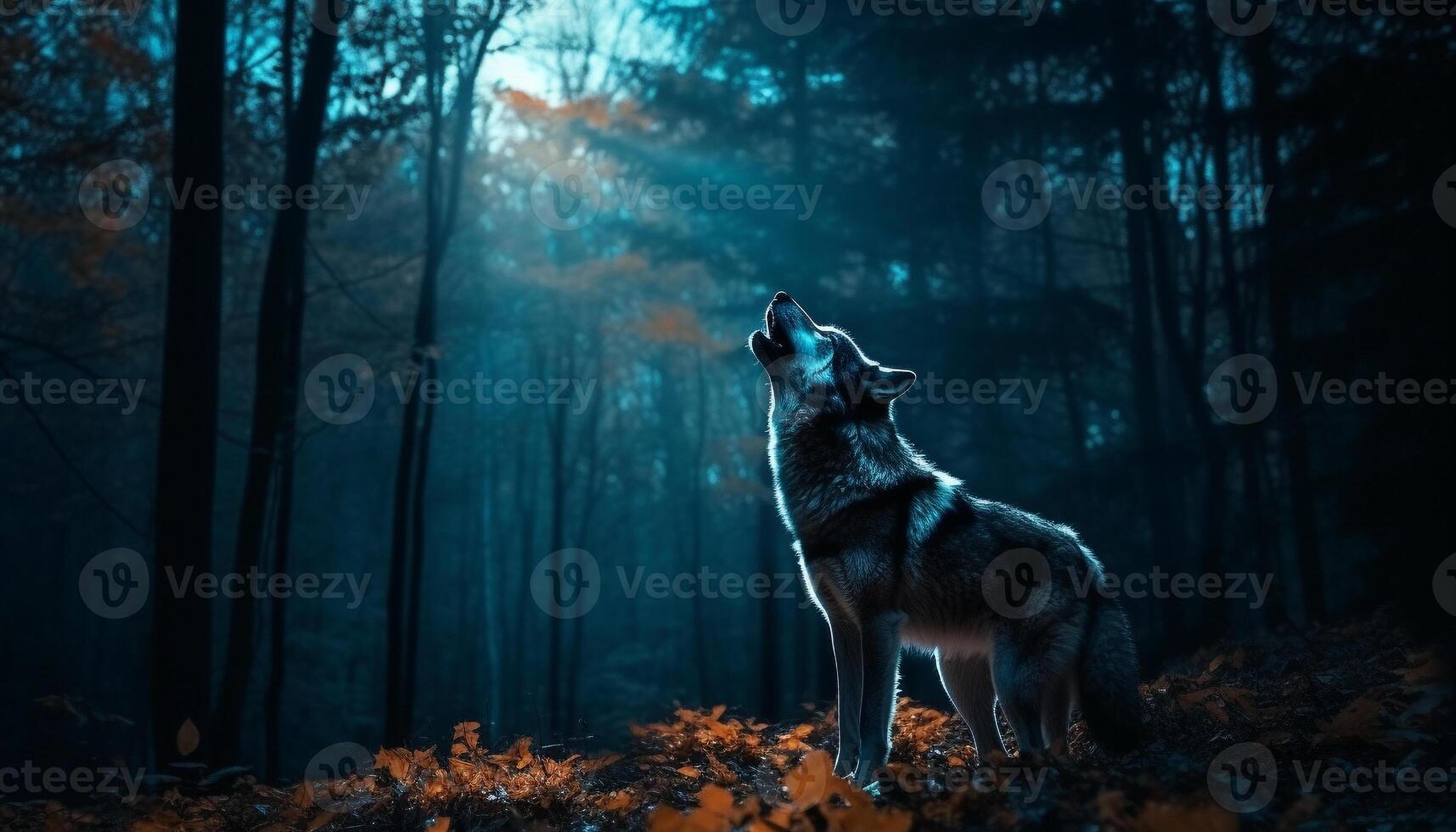 Gray wolf sitting in tranquil autumn forest, howling at night generated by AI photo