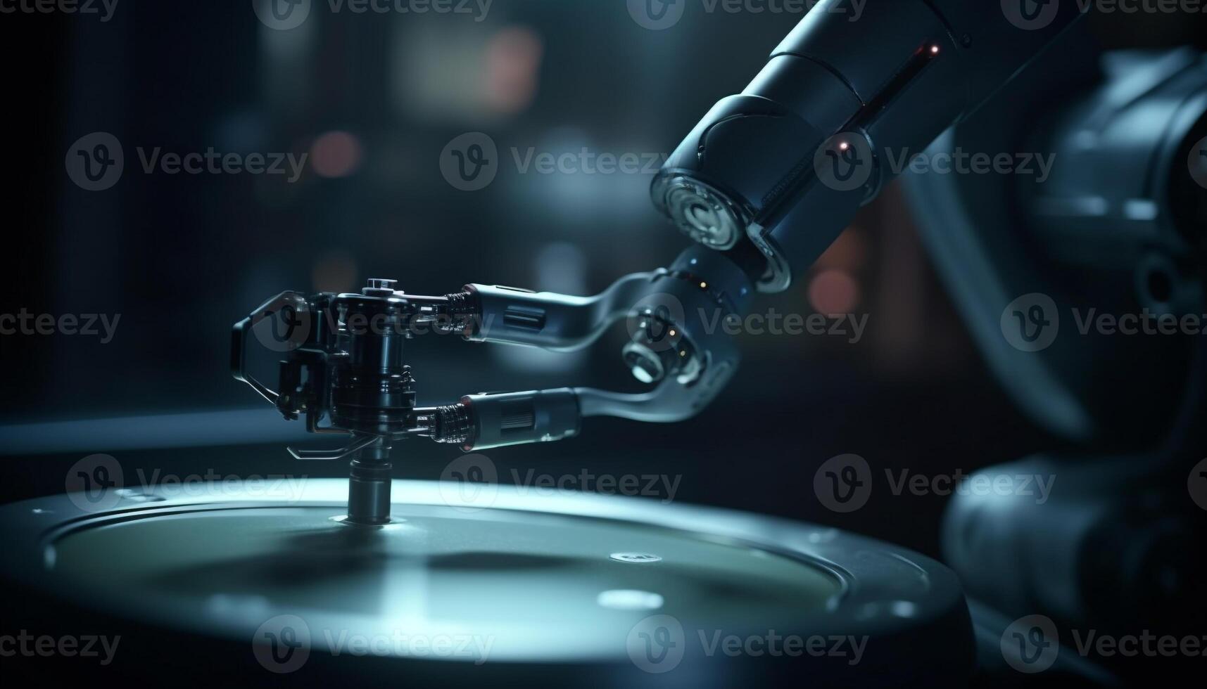 Robotic arm turning steel part in futuristic manufacturing factory workshop generated by AI photo