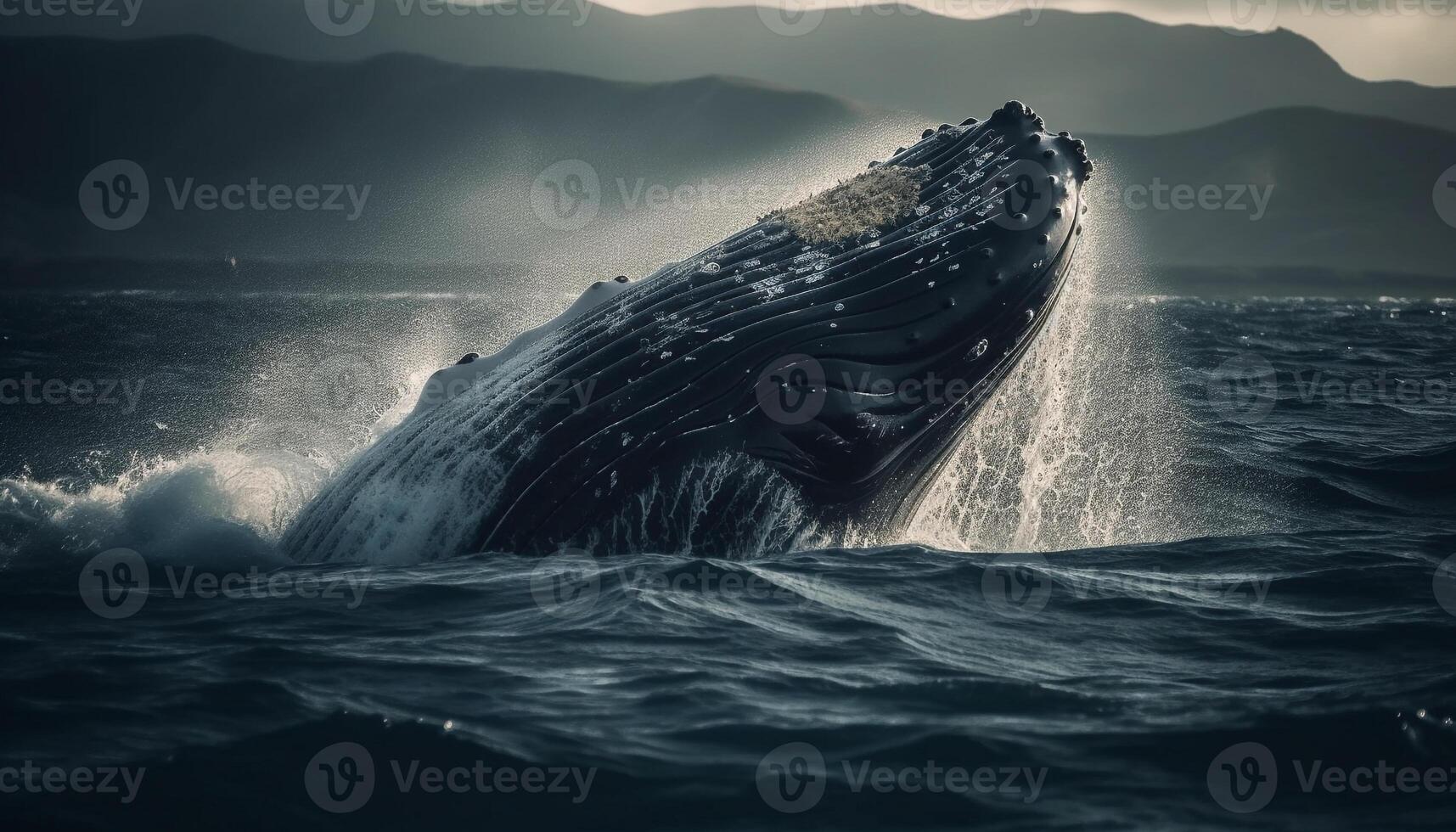 Majestic humpback breaches, silhouetted against sunset, splashing in motion generated by AI photo