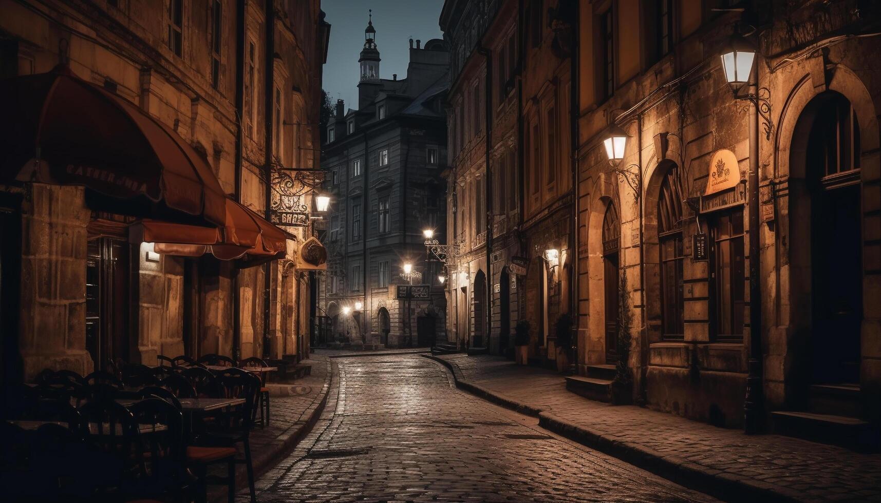 iluminado ciudad calle vitrinas viejo, gótico edificio exteriores a crepúsculo generado por ai foto