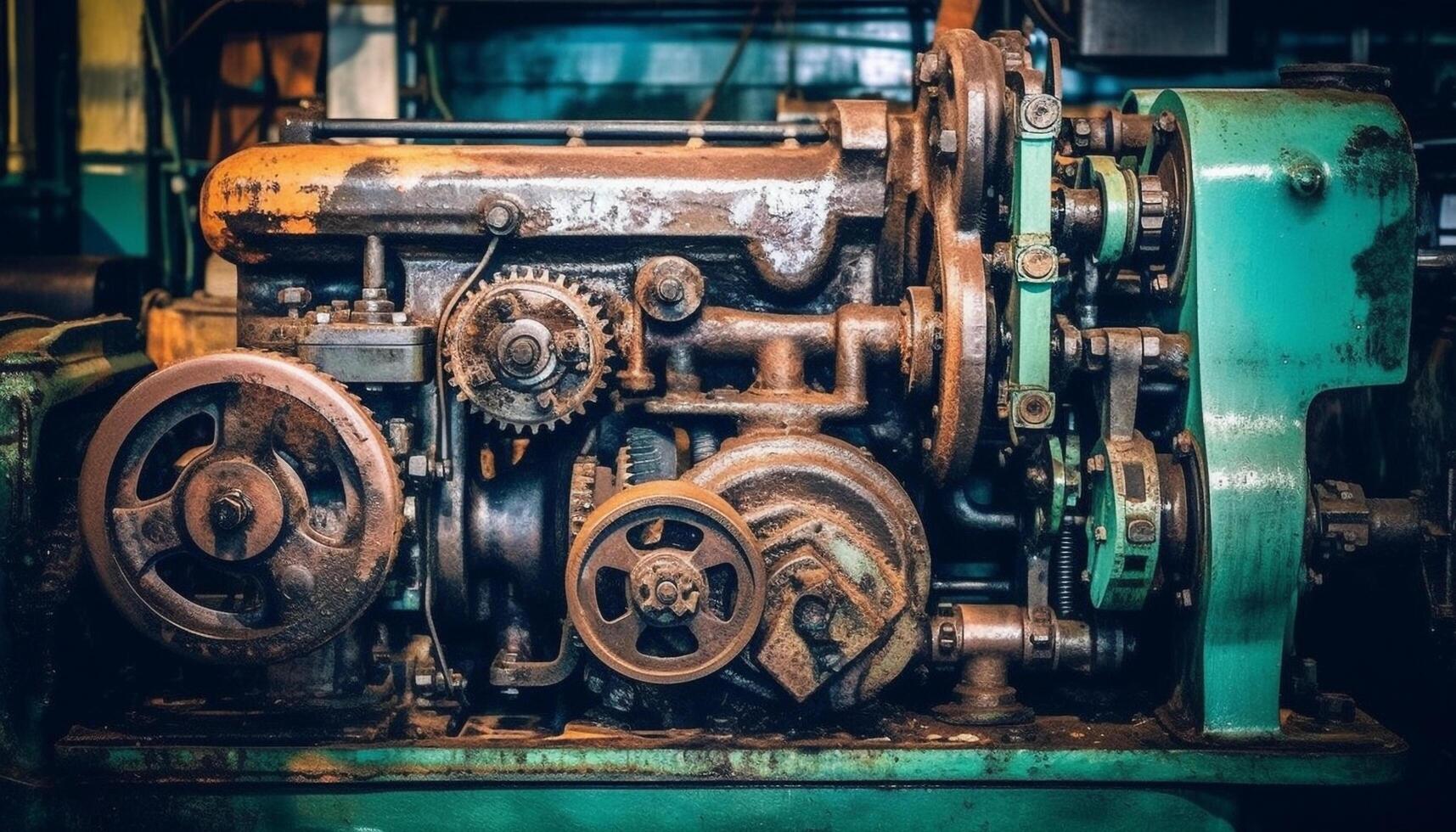 oxidado obrero metalúrgico refacción antiguo maquinaria en industrial taller utilizando llave inglesa generado por ai foto