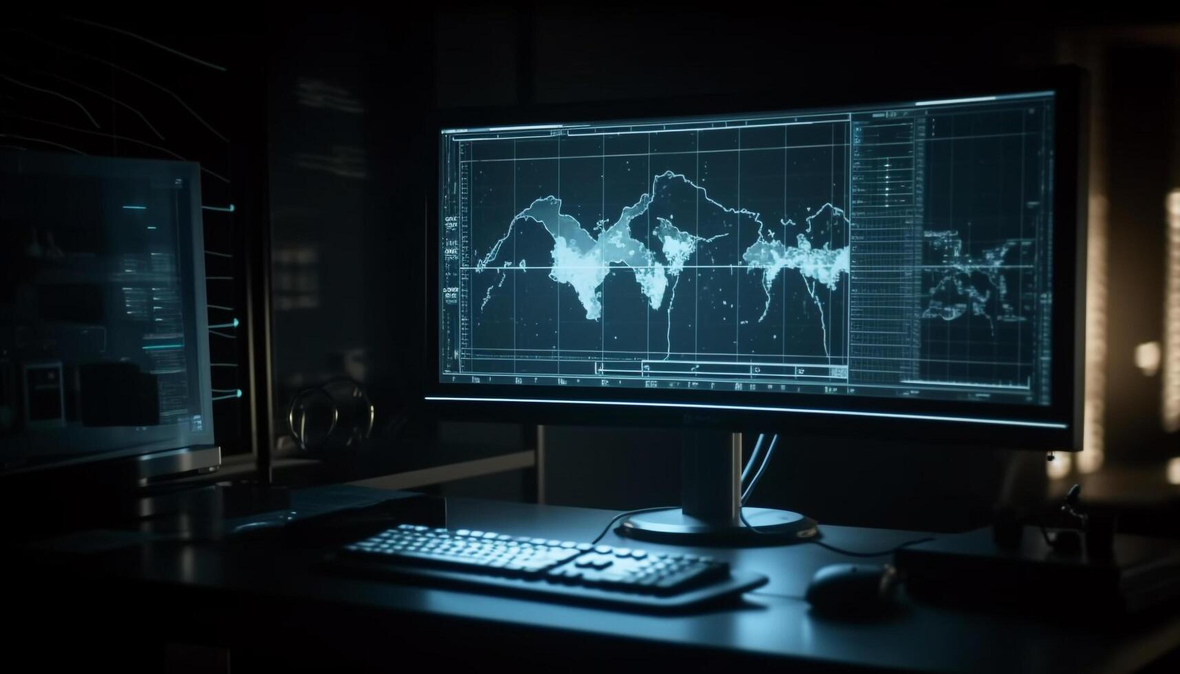 Modern businessman working on computer monitor, planning financial strategy generated by AI photo
