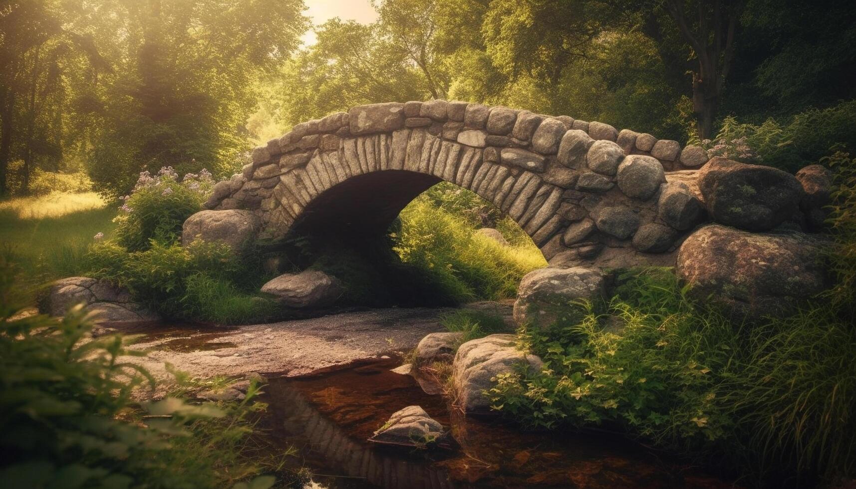 Ancient stone arch bridges tranquil pond in non urban forest generated by AI photo